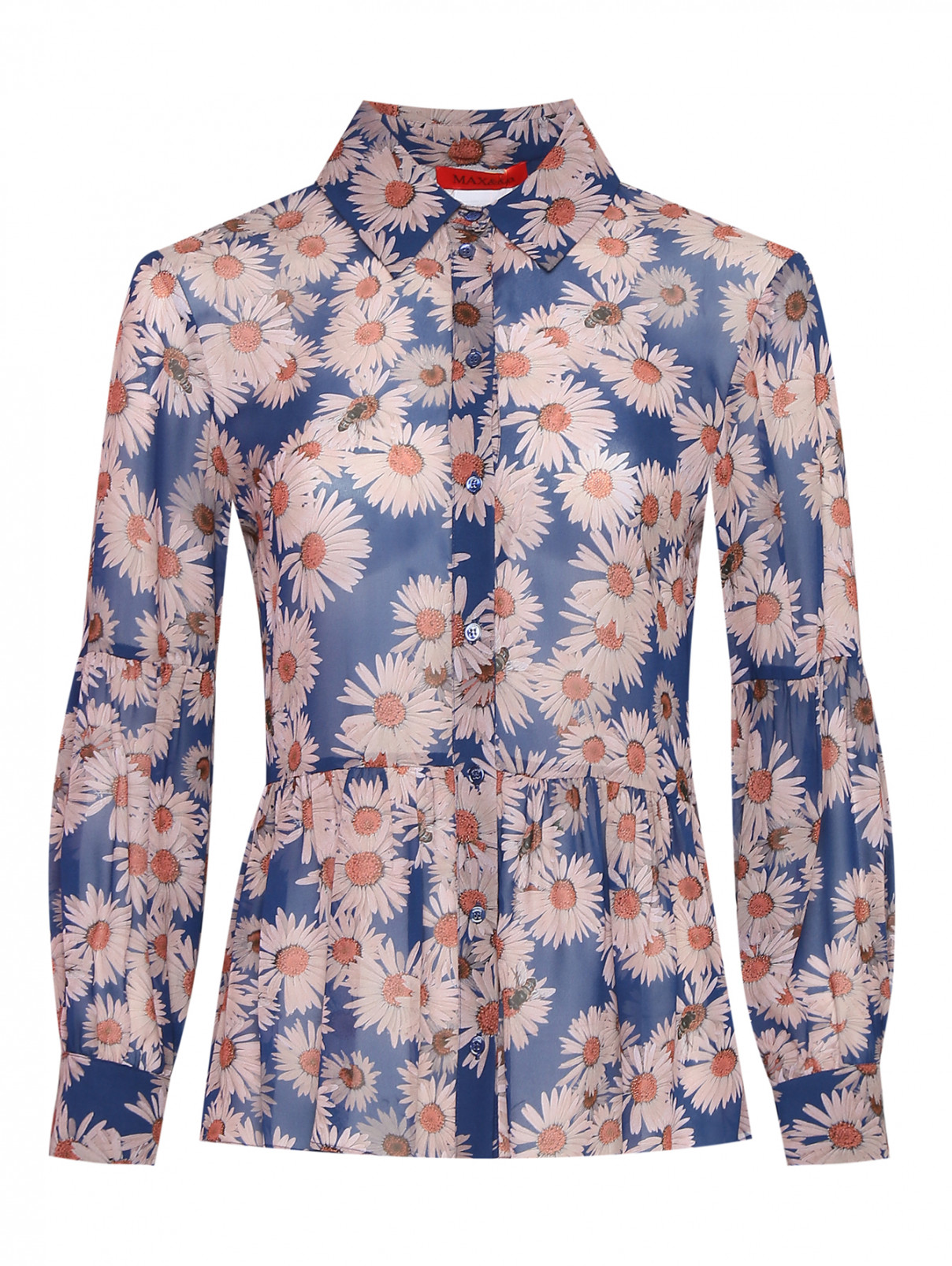 Блуза из вискозы с цветочным узором Max&Co  –  Общий вид  – Цвет:  Синий