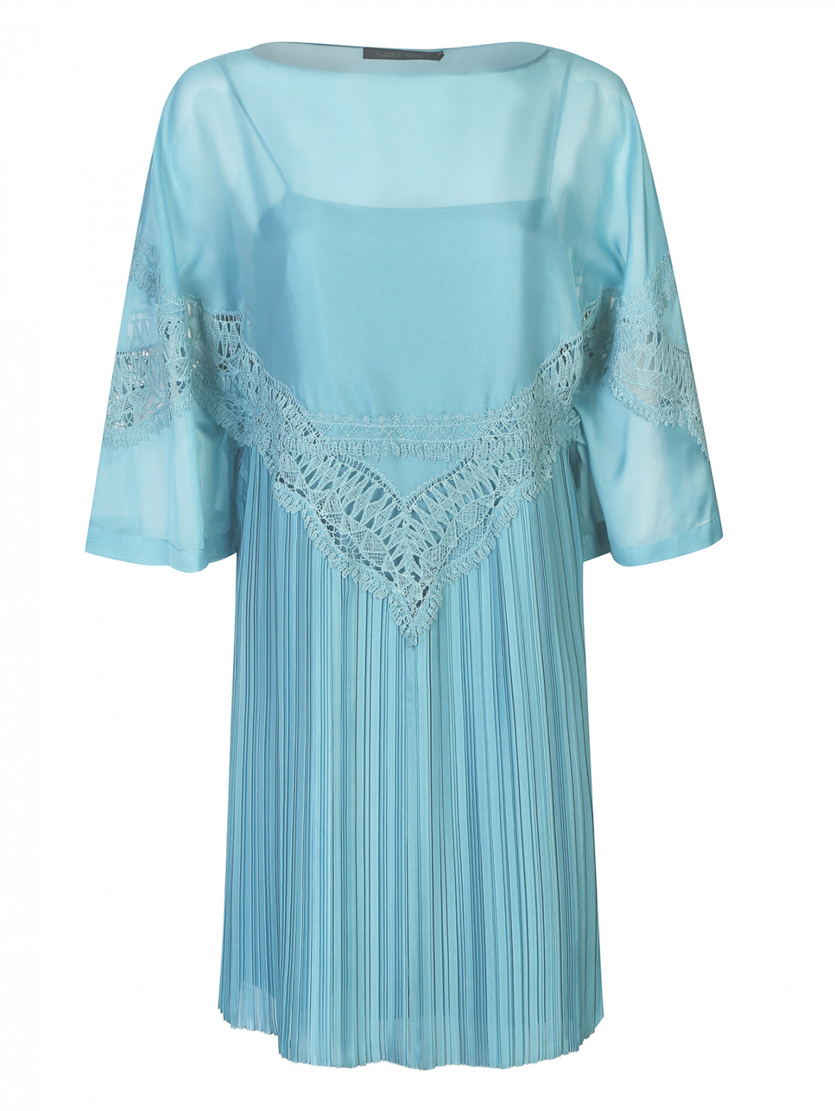 Платье из шелка с плиссировкой и кружевом Alberta Ferretti  –  Общий вид  – Цвет:  Синий