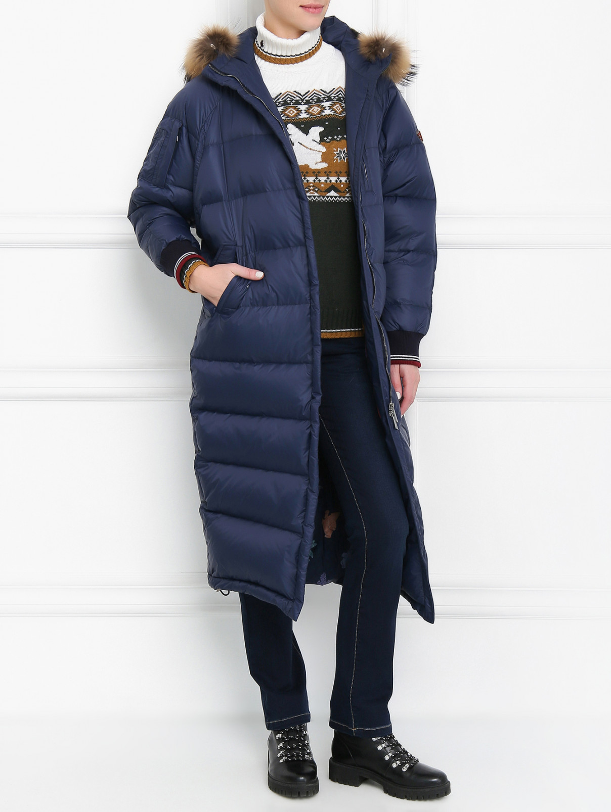Пальто пуховое с отделкой из меха-енота BOSCO  –  Модель Общий вид  – Цвет:  Синий