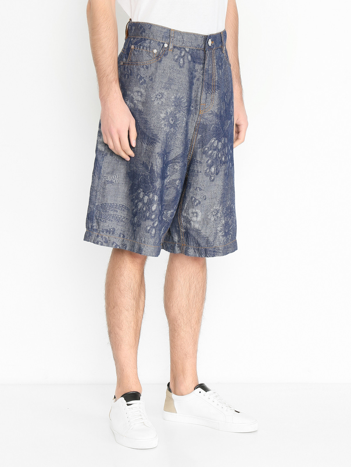 Шорты из хлопка и льна с узором Etro  –  МодельВерхНиз  – Цвет:  Синий