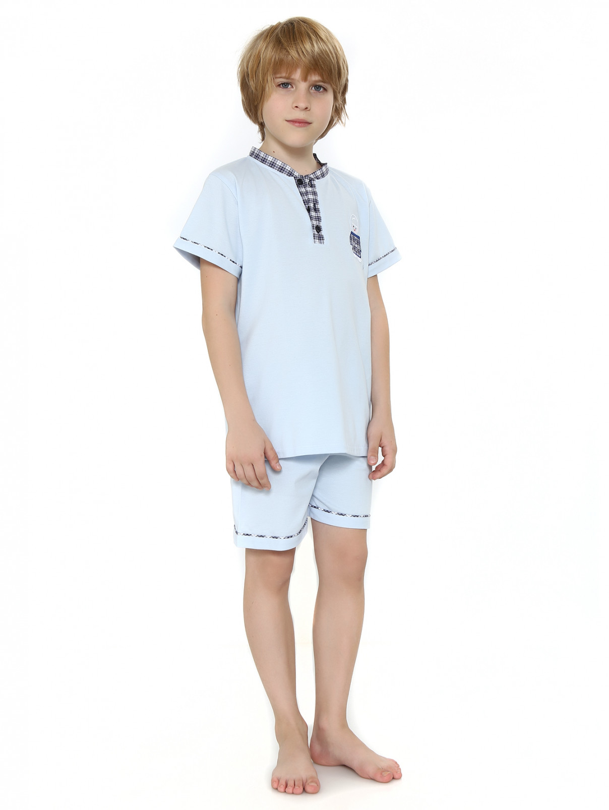 Пижама из хлопка с контрастной отделкой и аппликацией Giottino  –  Модель Общий вид  – Цвет:  Синий