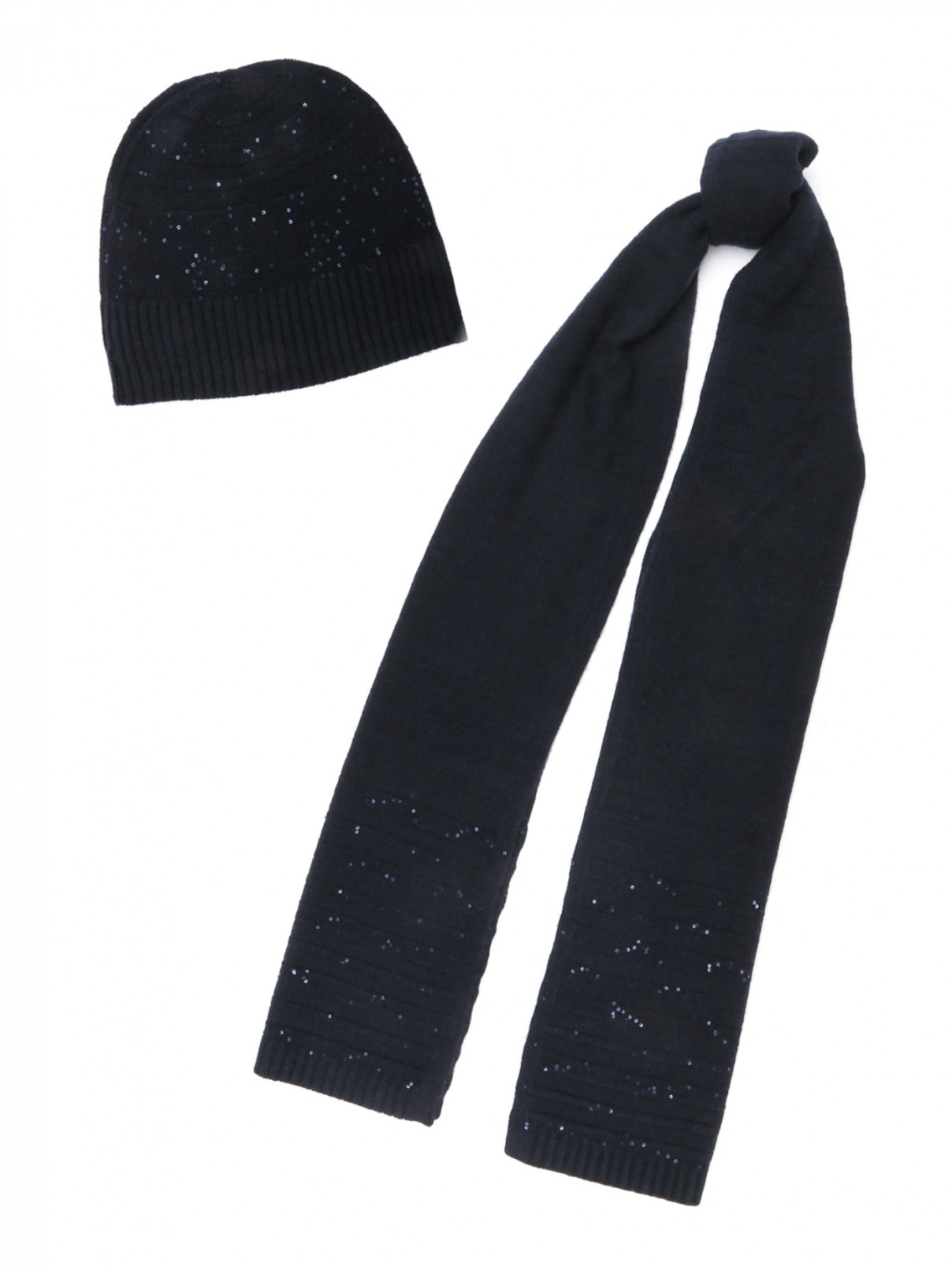 Комплект - шапка и шарф из кашемира и шерсти с пайетками Max Mara  –  Общий вид  – Цвет:  Синий
