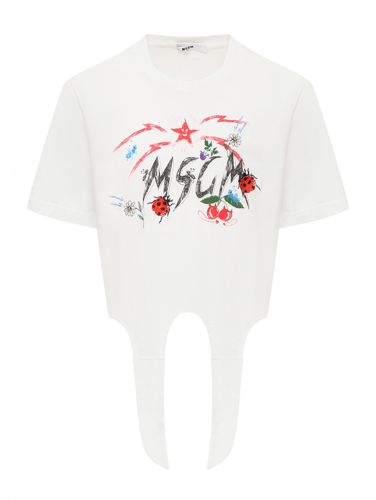 Трикотажная футболка с вышивкой и завязками MSGM  –  Общий вид  – Цвет:  Белый