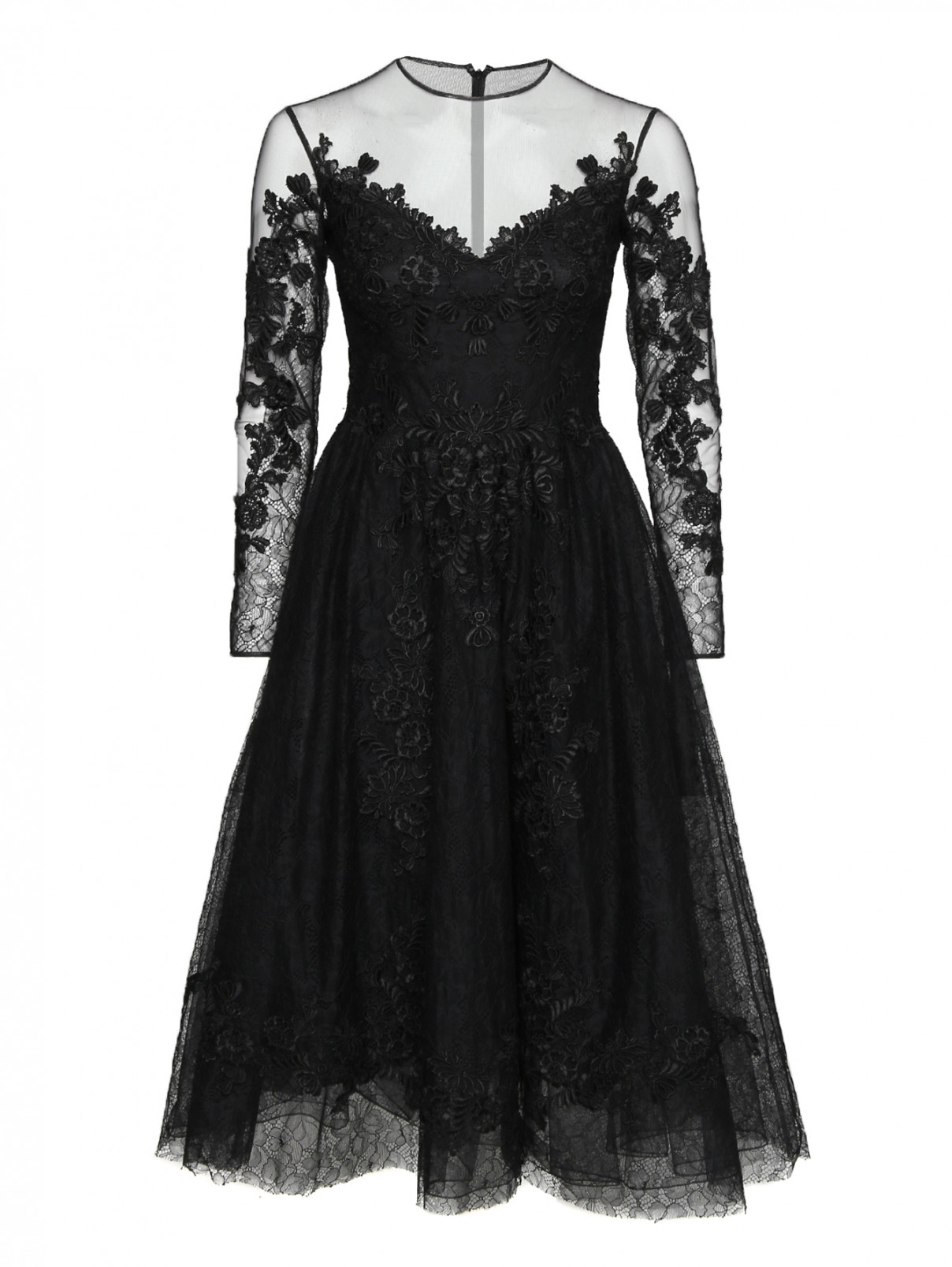 Платье-миди из кружева с аппликацией Zuhair Murad  –  Общий вид  – Цвет:  Черный