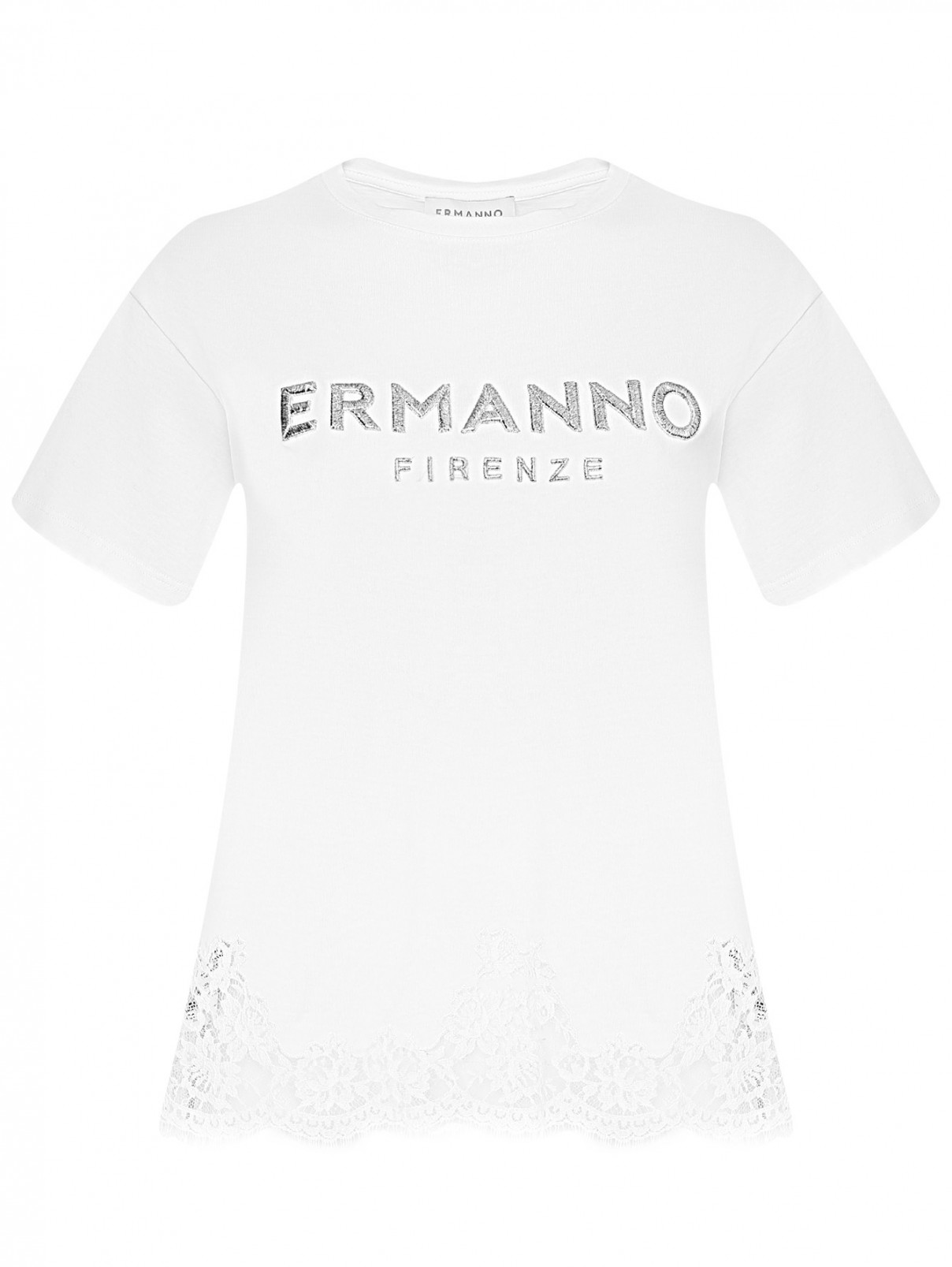 Футболка с аппликацией и кружевной отделкой Ermanno Firenze  –  Общий вид  – Цвет:  Белый
