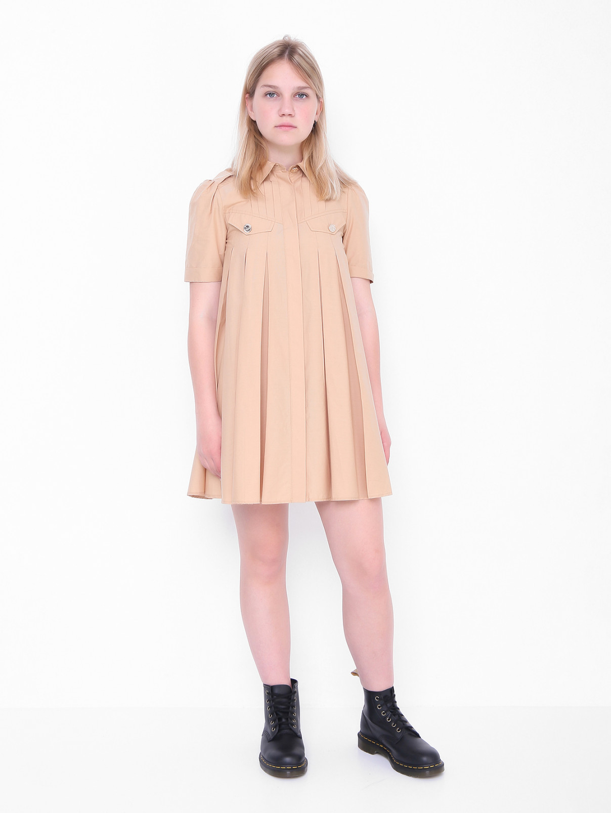 Хлопковое платье со складками Elisabetta Franchi  –  МодельОбщийВид  – Цвет:  Бежевый