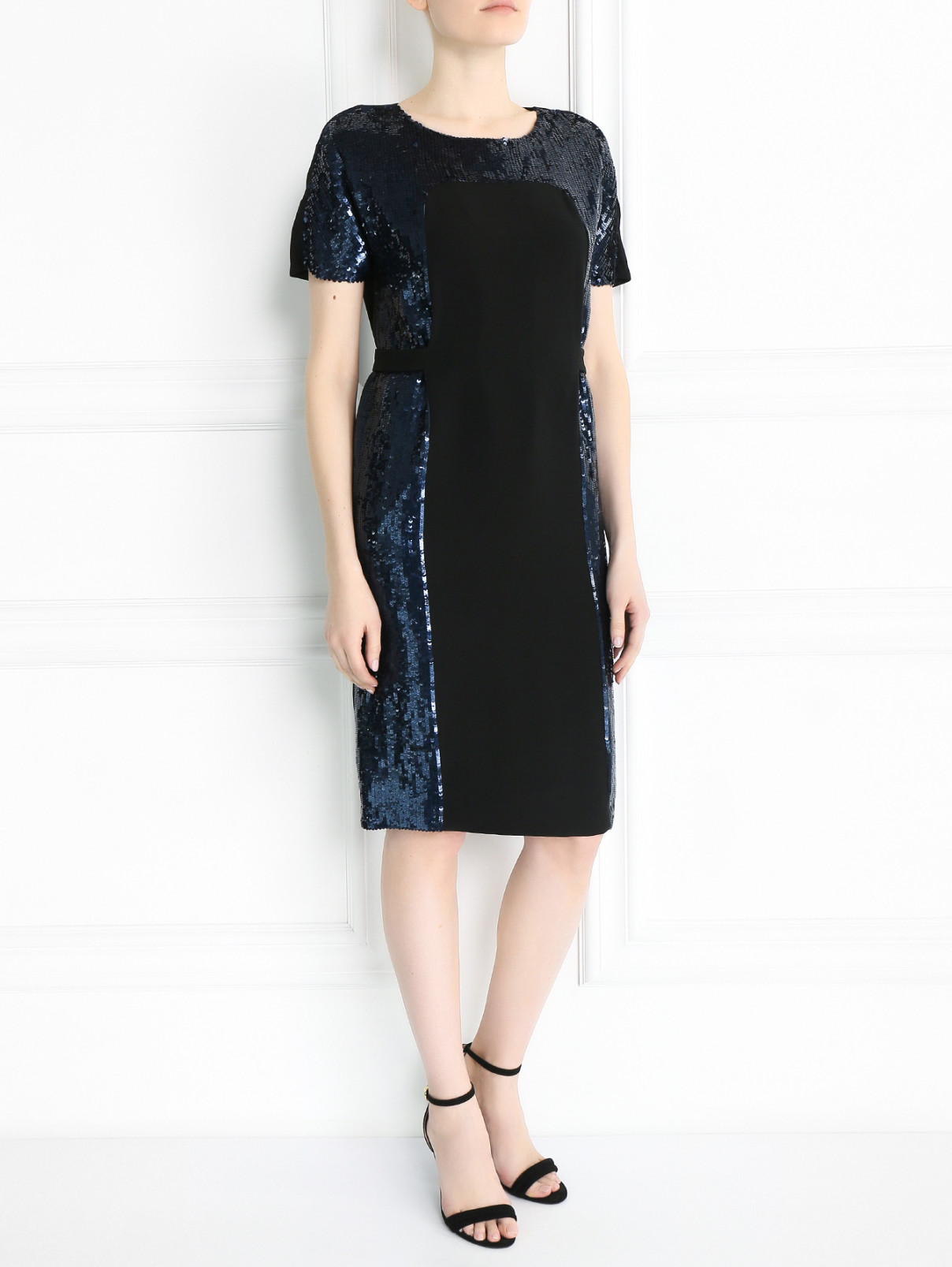 Платье-миди из шелка декорированное пайетками Yves Salomon  –  Модель Общий вид  – Цвет:  Черный