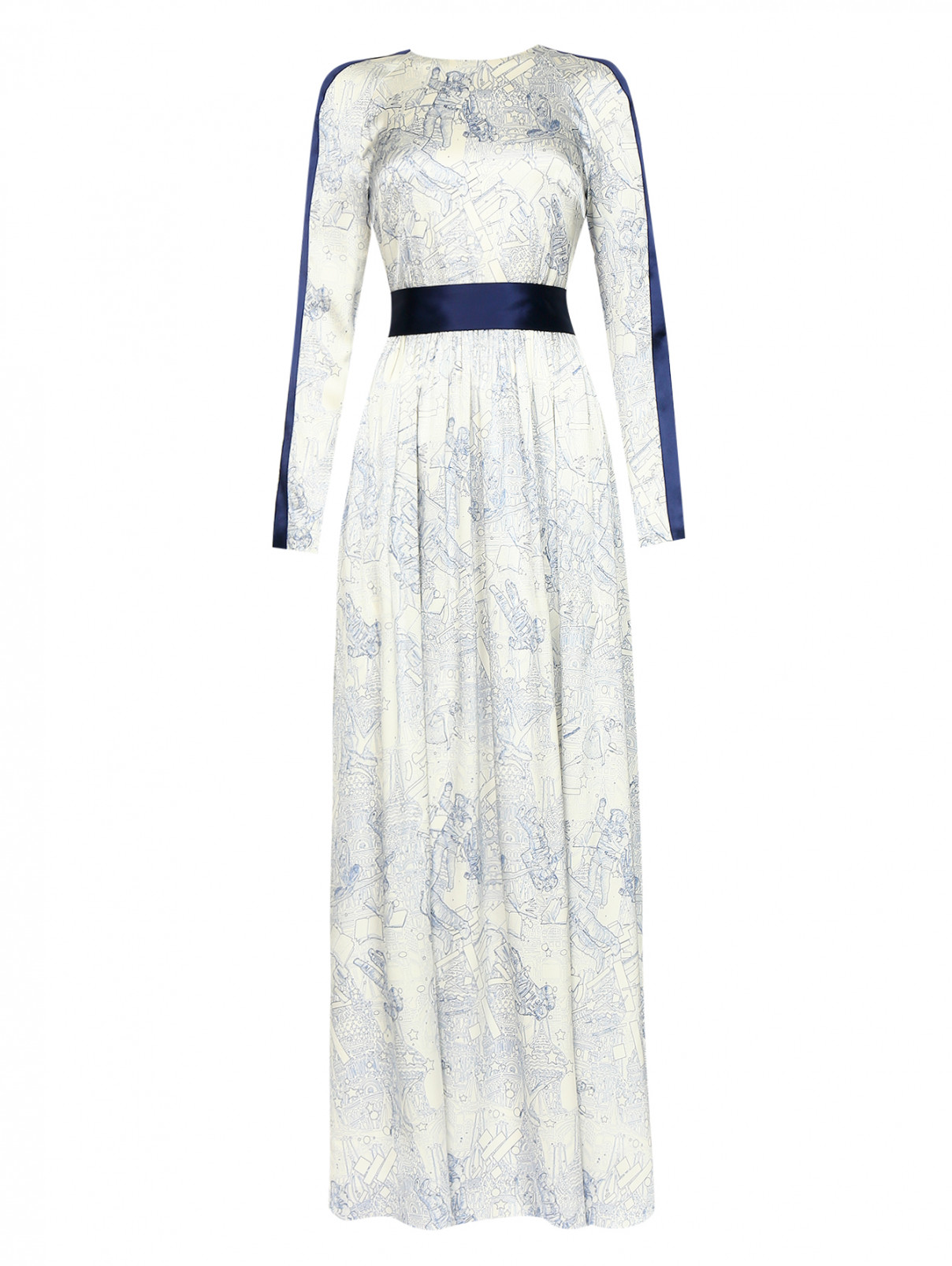 Платье-макси из шелка с узором A La Russe  –  Общий вид  – Цвет:  Белый