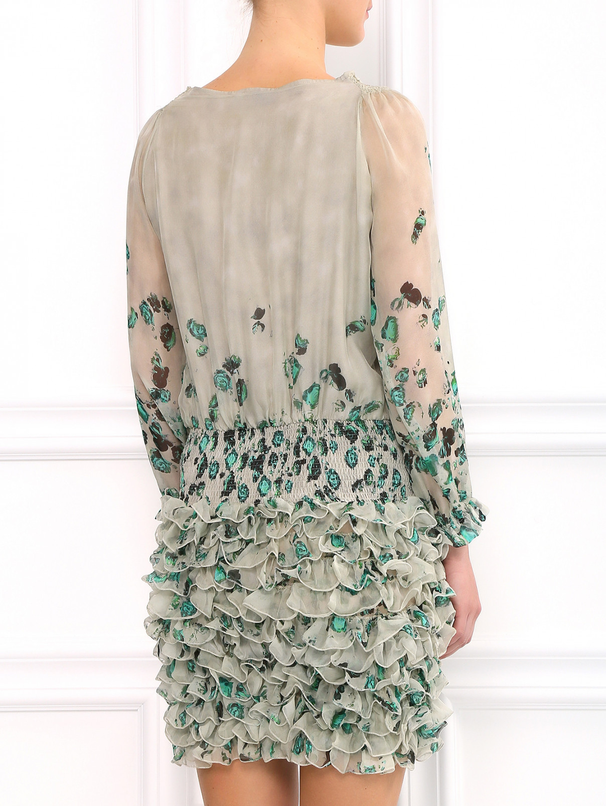 Платье-мини из шелка с цветочным узором JO NO FUI  –  Модель Верх-Низ1  – Цвет:  Зеленый