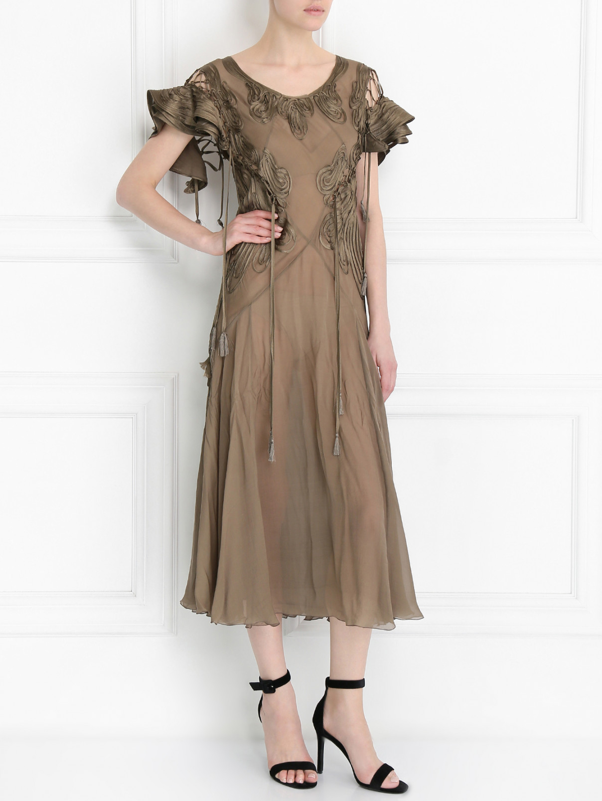 Платье из шелка с аппликацией и декоративными воланами Jean Paul Gaultier  –  Модель Общий вид  – Цвет:  Черный