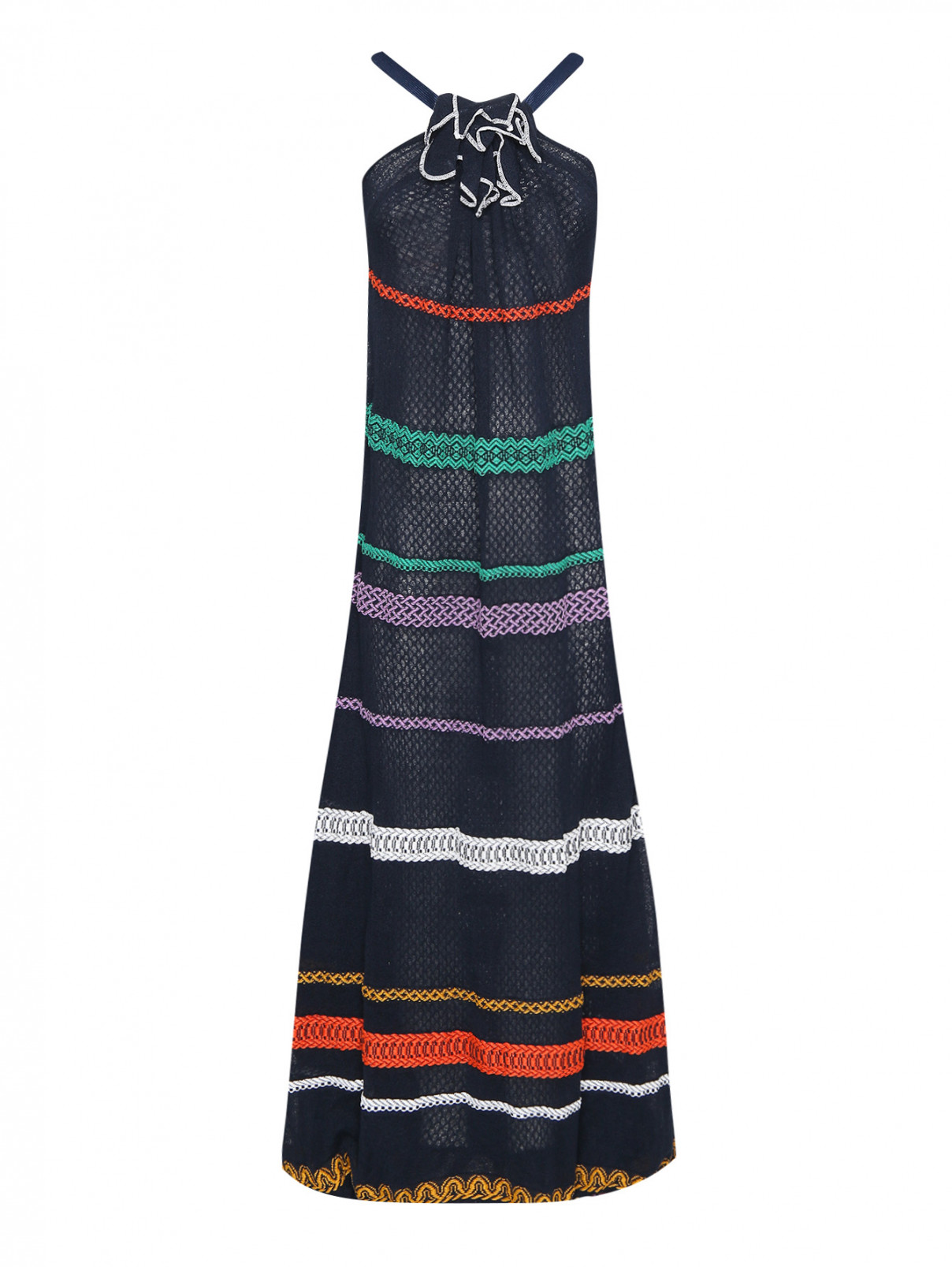 Платье-макси из хлопка и льна с вышивкой Sonia Rykiel  –  Общий вид  – Цвет:  Синий