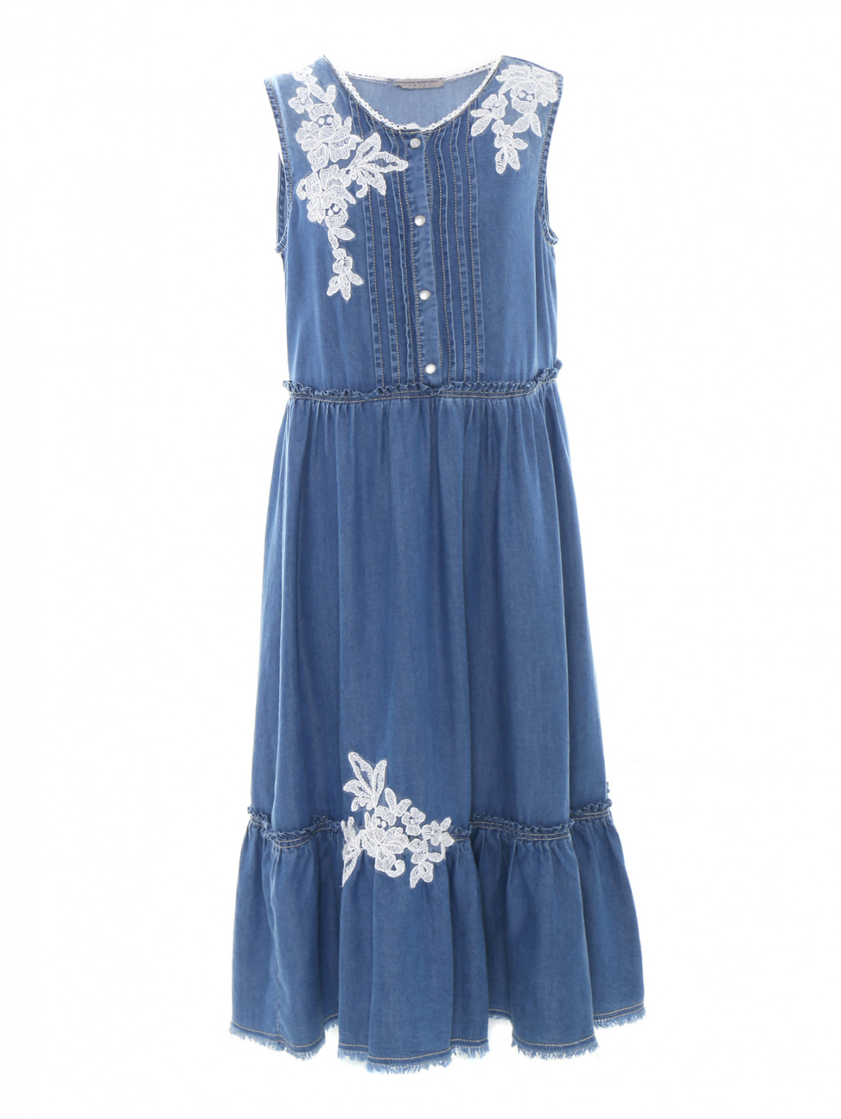 Платье из денима с кружевной аппликацией Ermanno Scervino Junior  –  Общий вид  – Цвет:  Синий