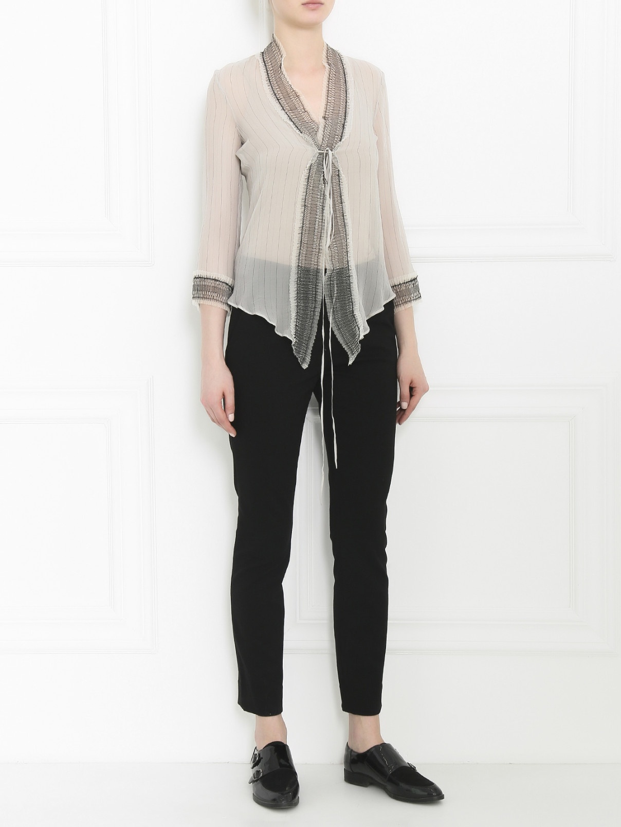 Блуза из шелка с запахом и узором "полоска" Jean Paul Gaultier  –  Модель Общий вид  – Цвет:  Бежевый