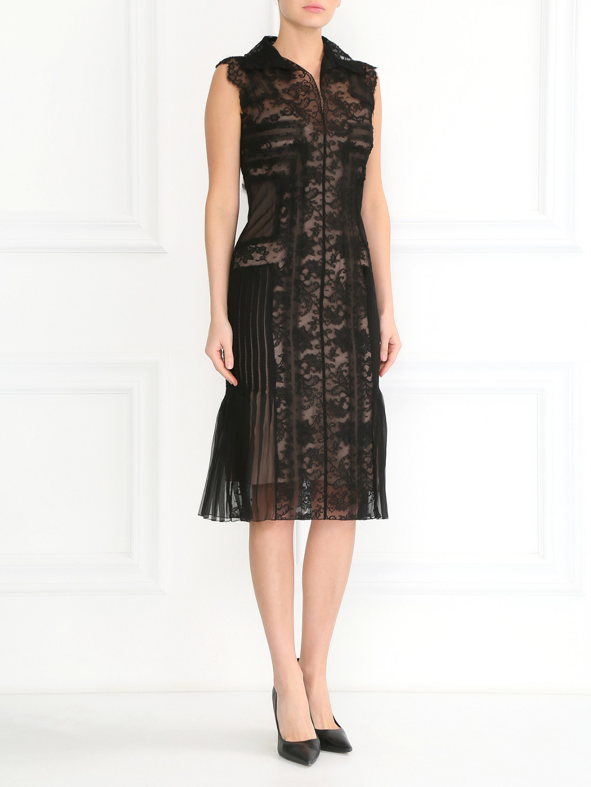 Кружевное платье-футляр из шелка с плиссировкой Alberta Ferretti  –  Модель Общий вид  – Цвет:  Черный