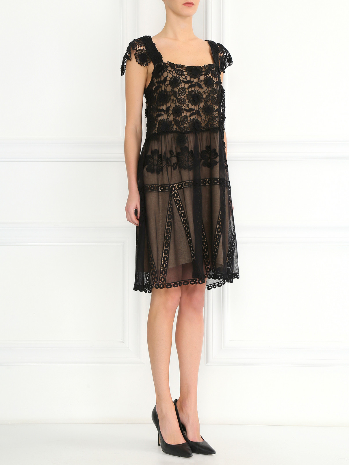 Платье из шелка и хлопка с кружевными вставками Alberta Ferretti  –  Модель Общий вид  – Цвет:  Черный