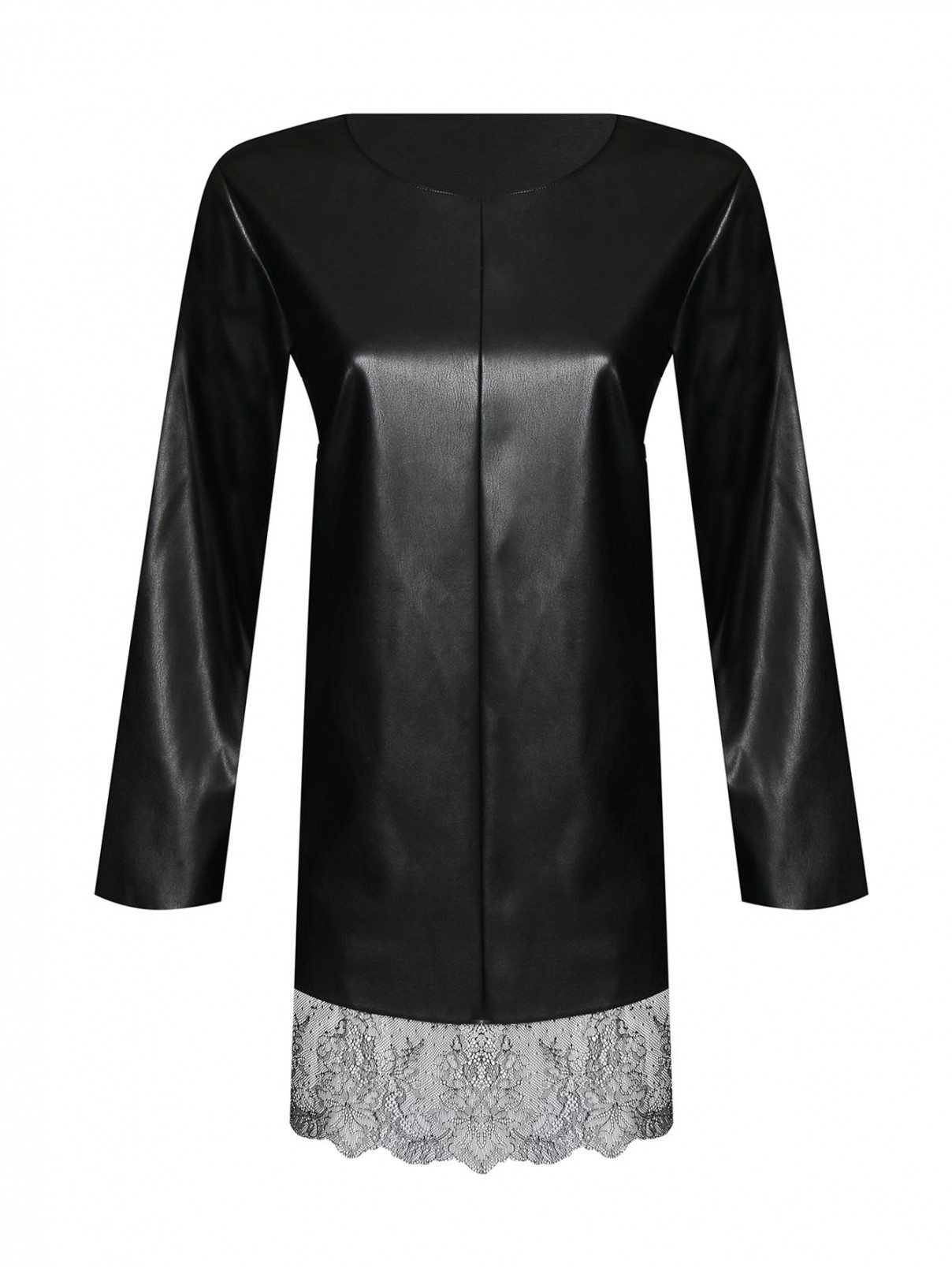 Блуза из эко-кожи с кружевной отделкой Marina Rinaldi  –  Общий вид  – Цвет:  Черный