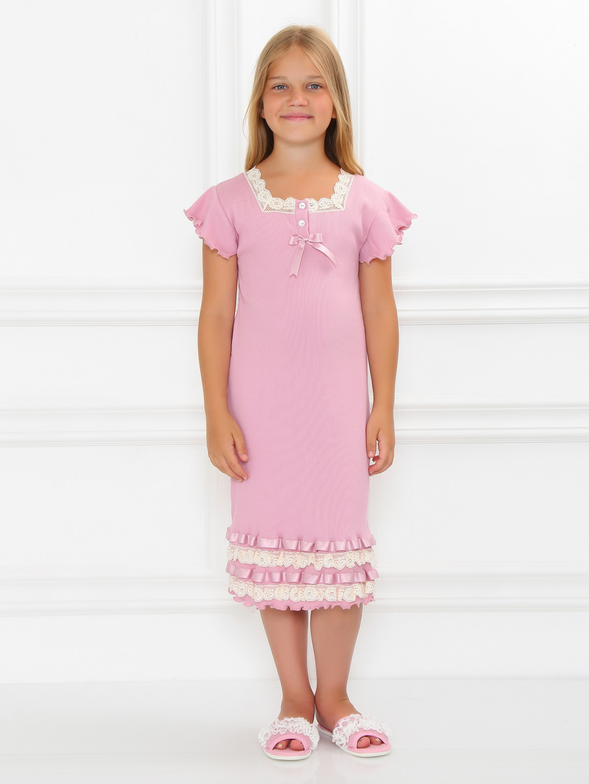 Сорочка из хлопка декорированная кружевом и атласными лентами Giottino  –  Модель Общий вид  – Цвет:  Розовый