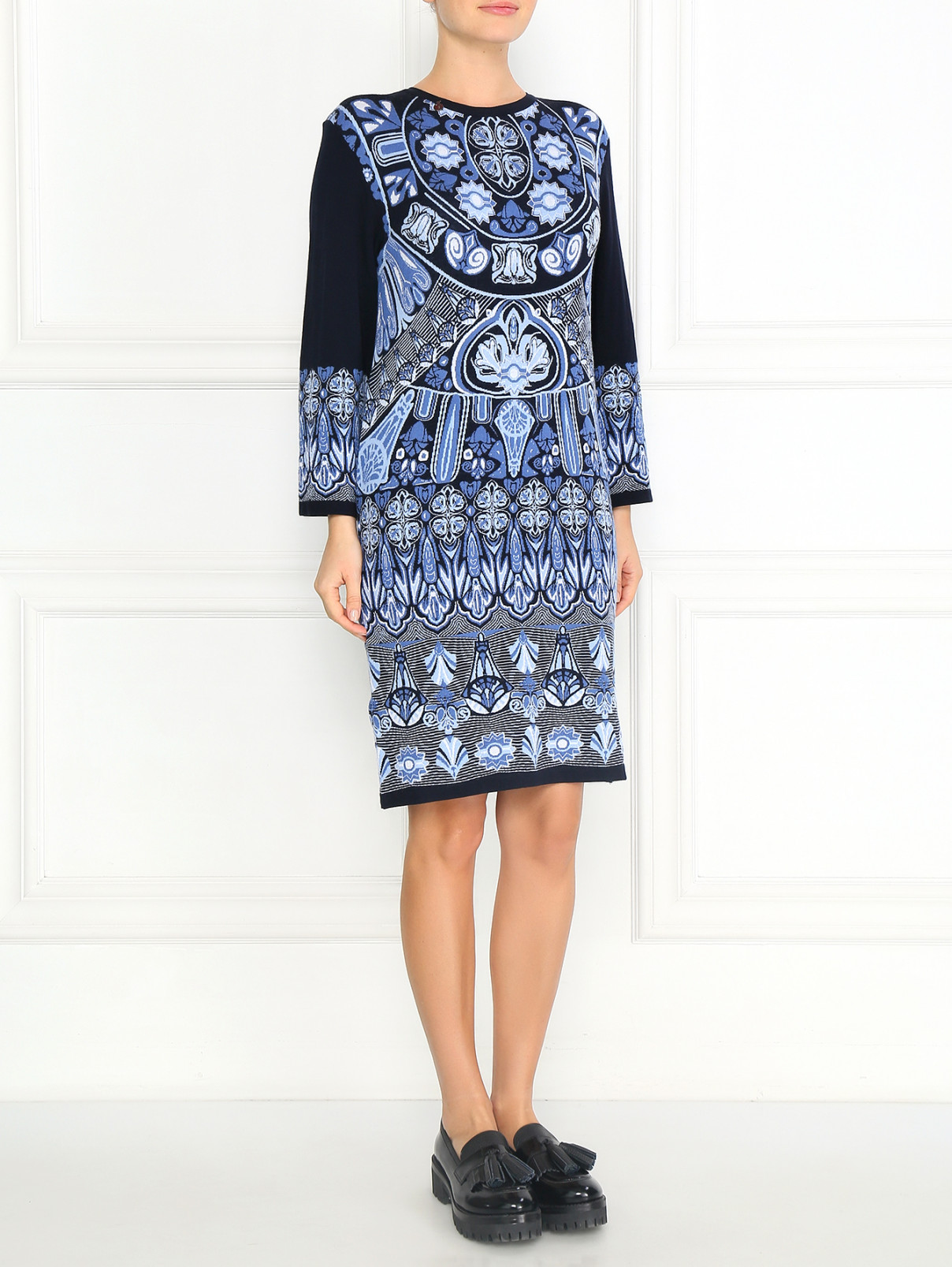 Платье свободного кроя из шерсти с узором BOSCO  –  Модель Общий вид  – Цвет:  Синий
