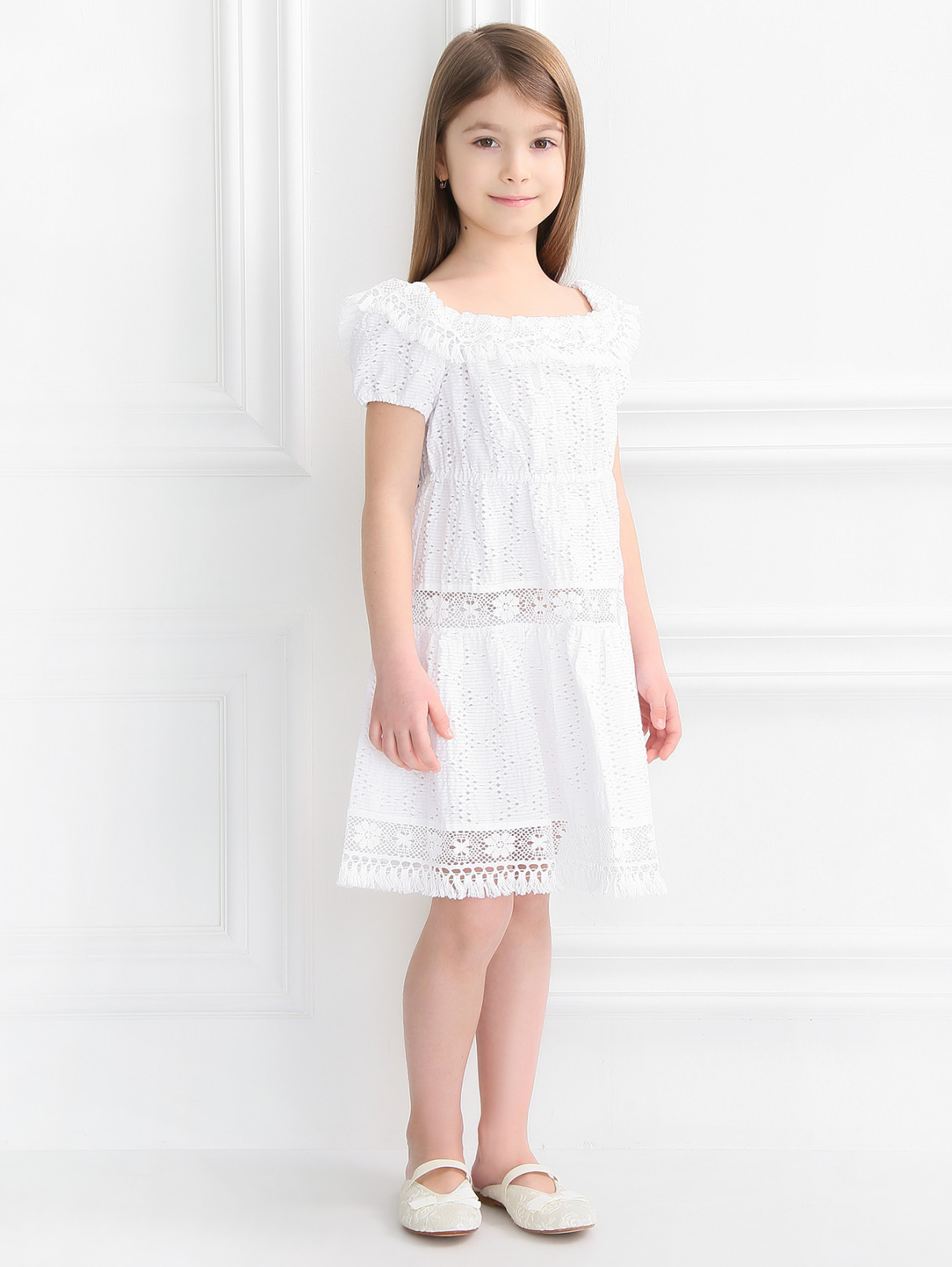 Платье свободного кроя с кружевными вставками D&G Junior  –  Модель Общий вид  – Цвет:  Белый