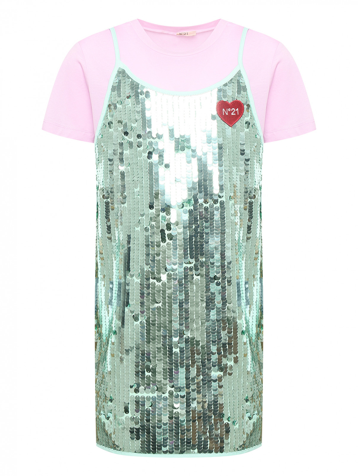 Двойное платье из хлопка и пайеток N21  –  Общий вид  – Цвет:  Розовый