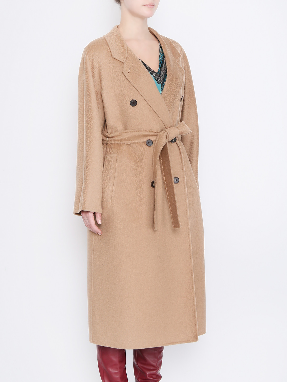 Пальто из шерсти с поясом Marina Rinaldi  –  МодельВерхНиз  – Цвет:  Бежевый