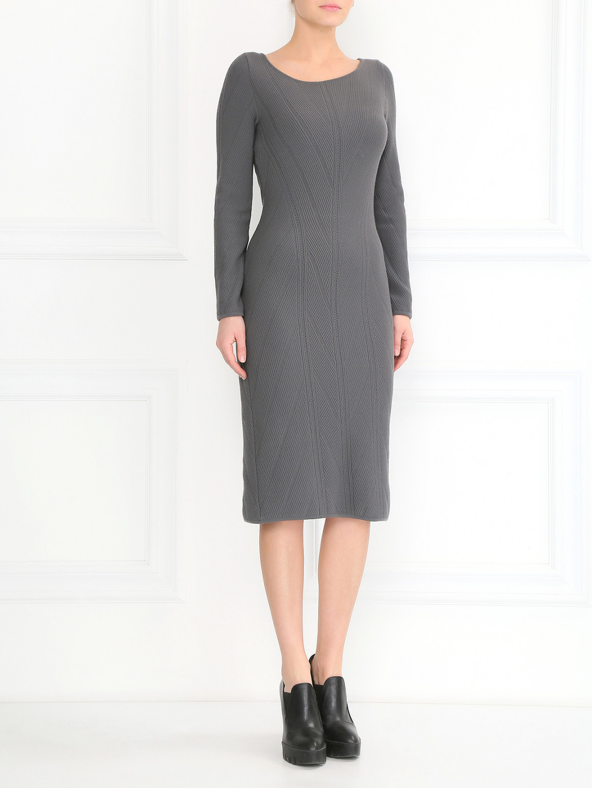 Трикотажное платье-футляр из шерсти фактурной вязки Alberta Ferretti  –  Модель Общий вид  – Цвет:  Серый