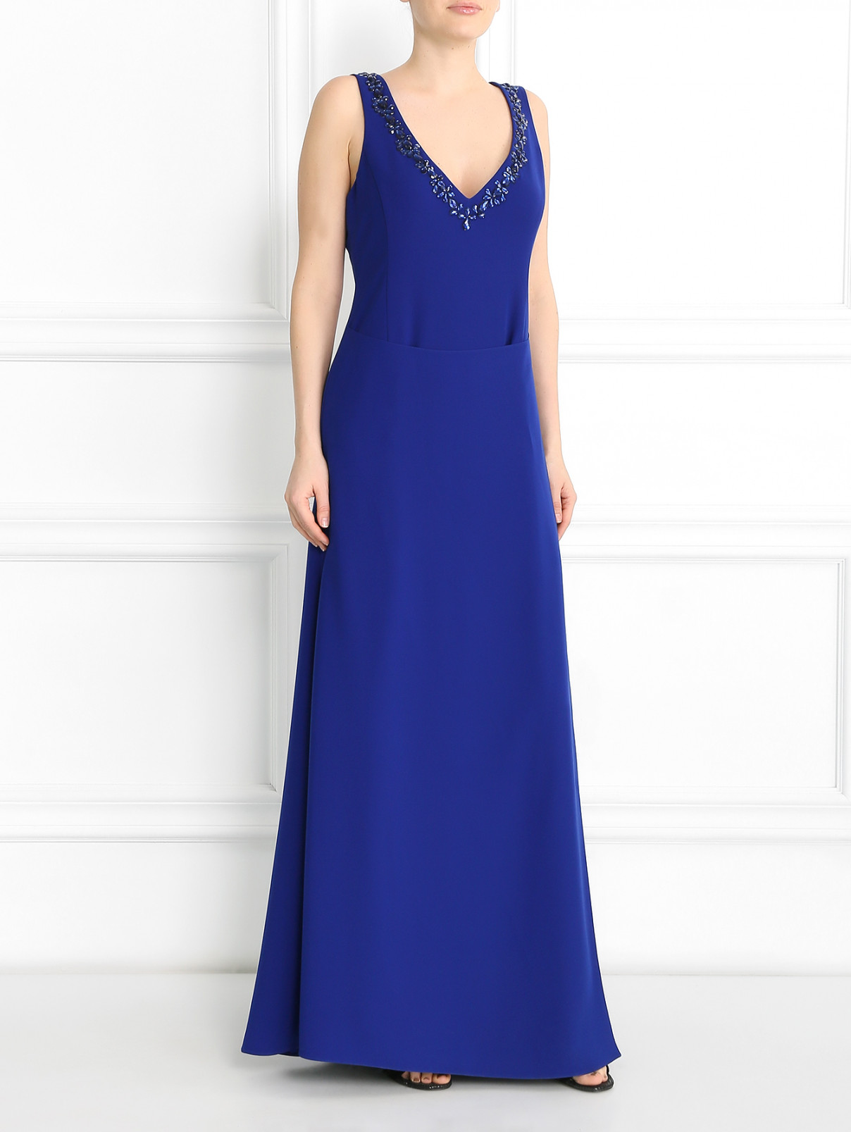 Платье-макси с запахом декорированное камнями Emporio Armani  –  Модель Общий вид  – Цвет:  Синий