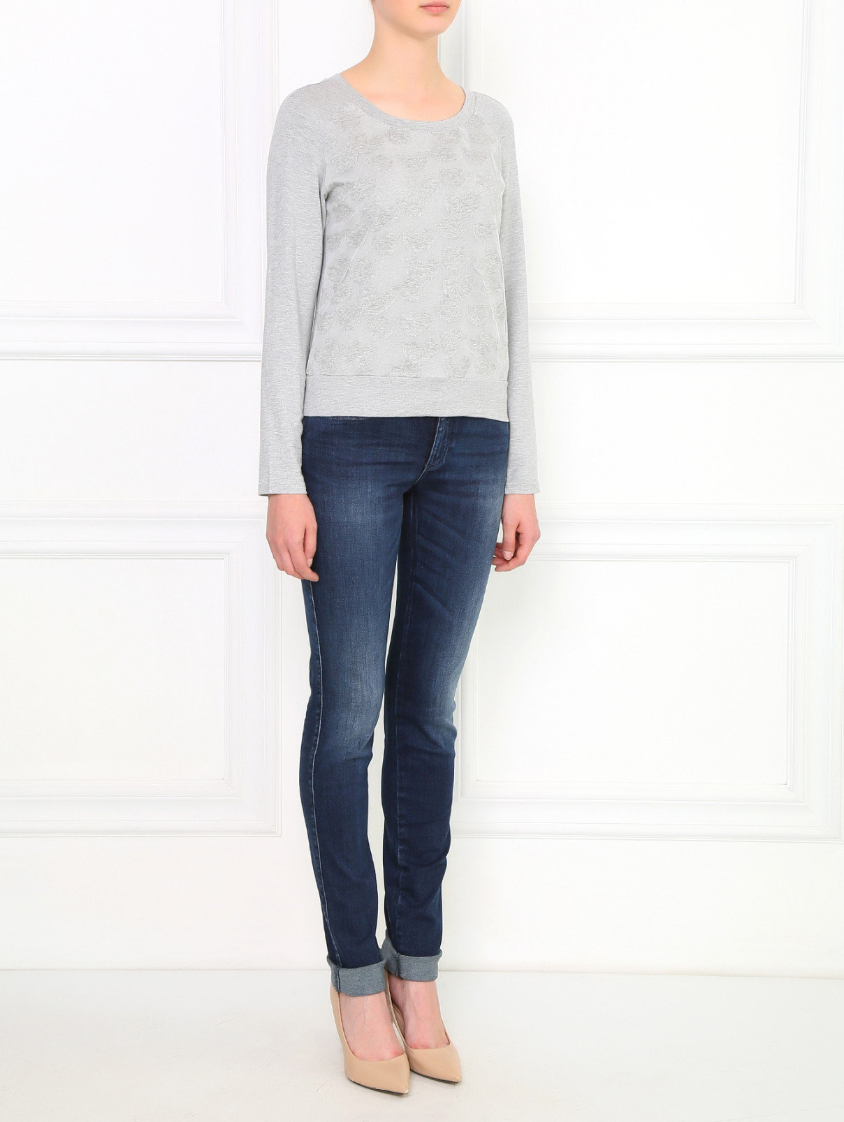 Джемпер из хлопка с аппликацией Armani Jeans  –  Модель Общий вид  – Цвет:  Серый