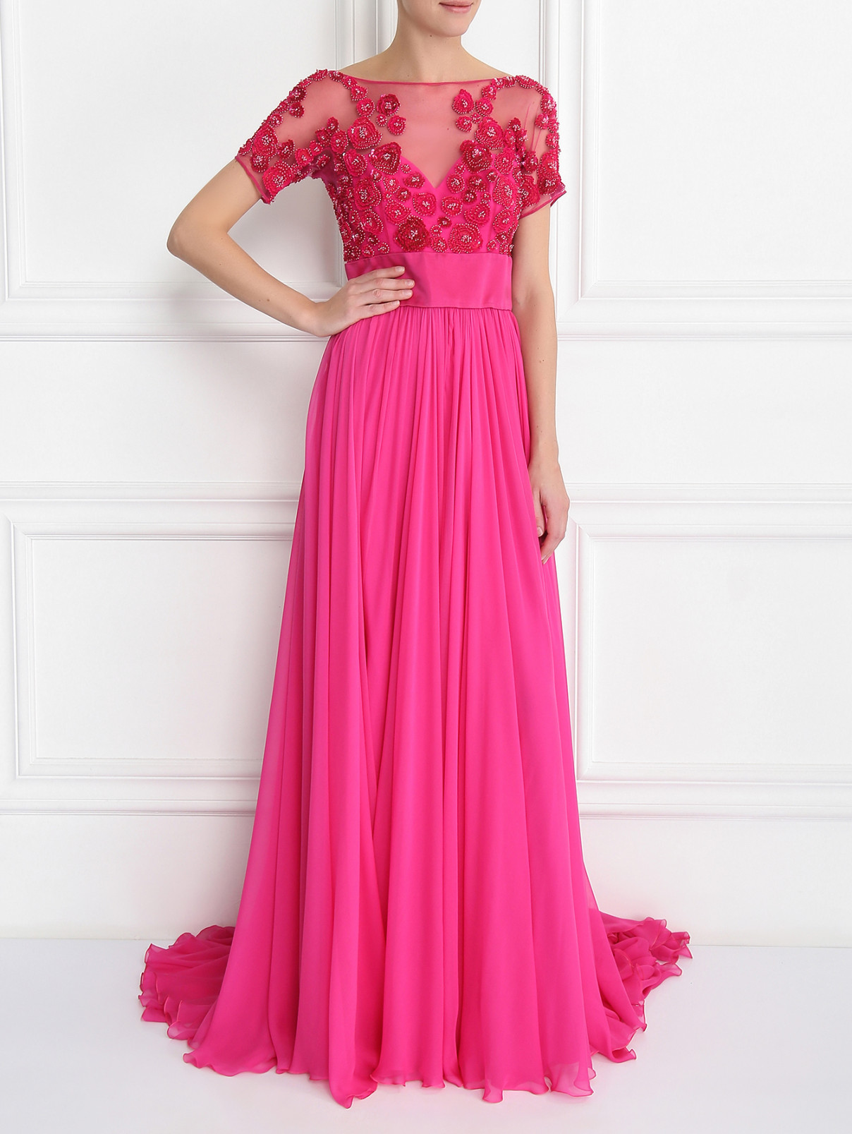 Платье-макси из смешанного шелка декорированное бисером Zuhair Murad  –  Модель Общий вид  – Цвет:  Розовый