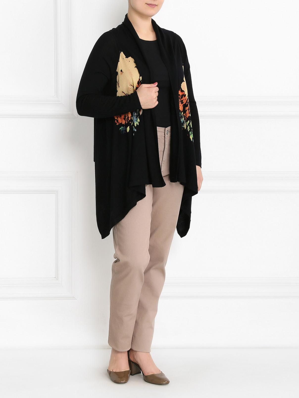 Кардиган из шерсти с цветочным узором Marina Rinaldi  –  Модель Общий вид  – Цвет:  Черный