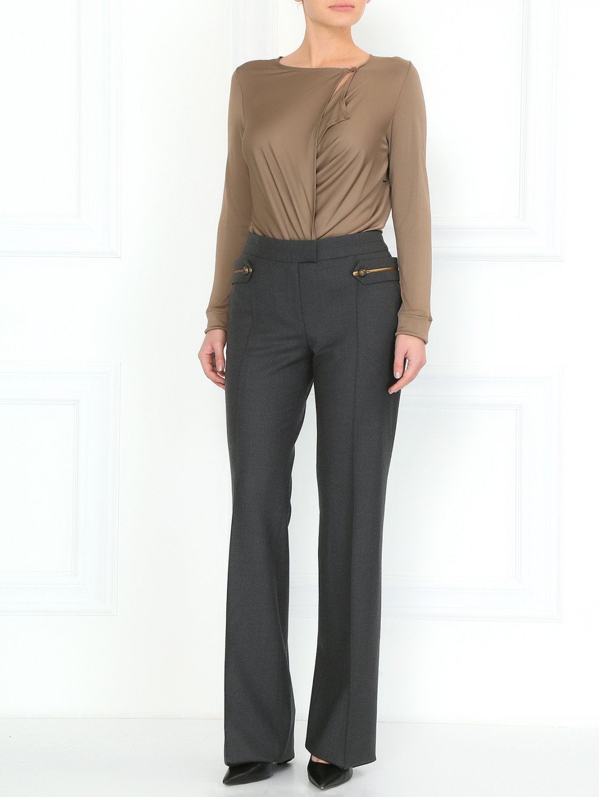 Широкие брюки из шерсти с декоративным ремнем на пуговицах Barbara Bui  –  Модель Общий вид  – Цвет:  Серый