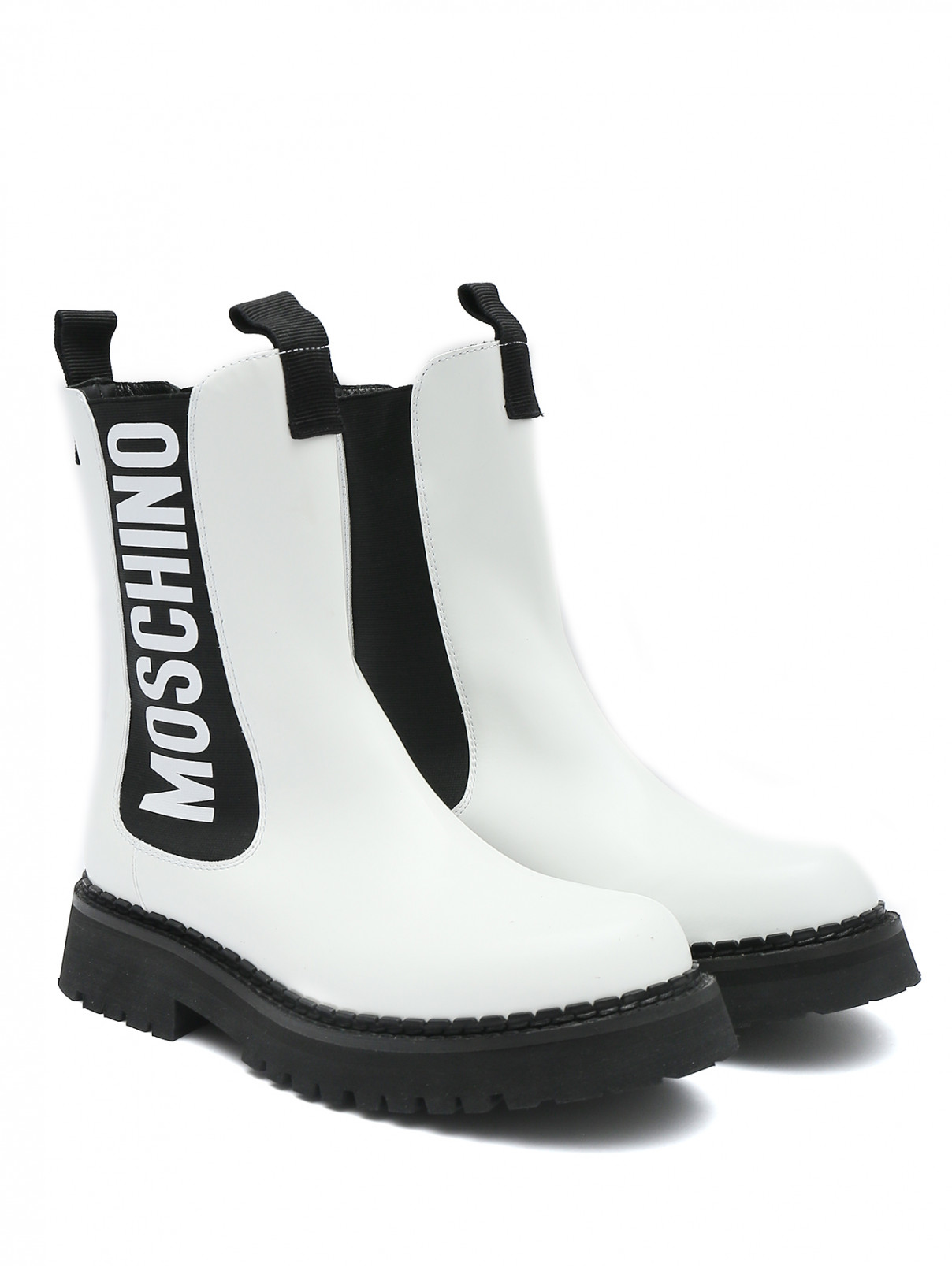 Ботинки из гладкой кожи с логотипом Moschino  –  Общий вид  – Цвет:  Белый