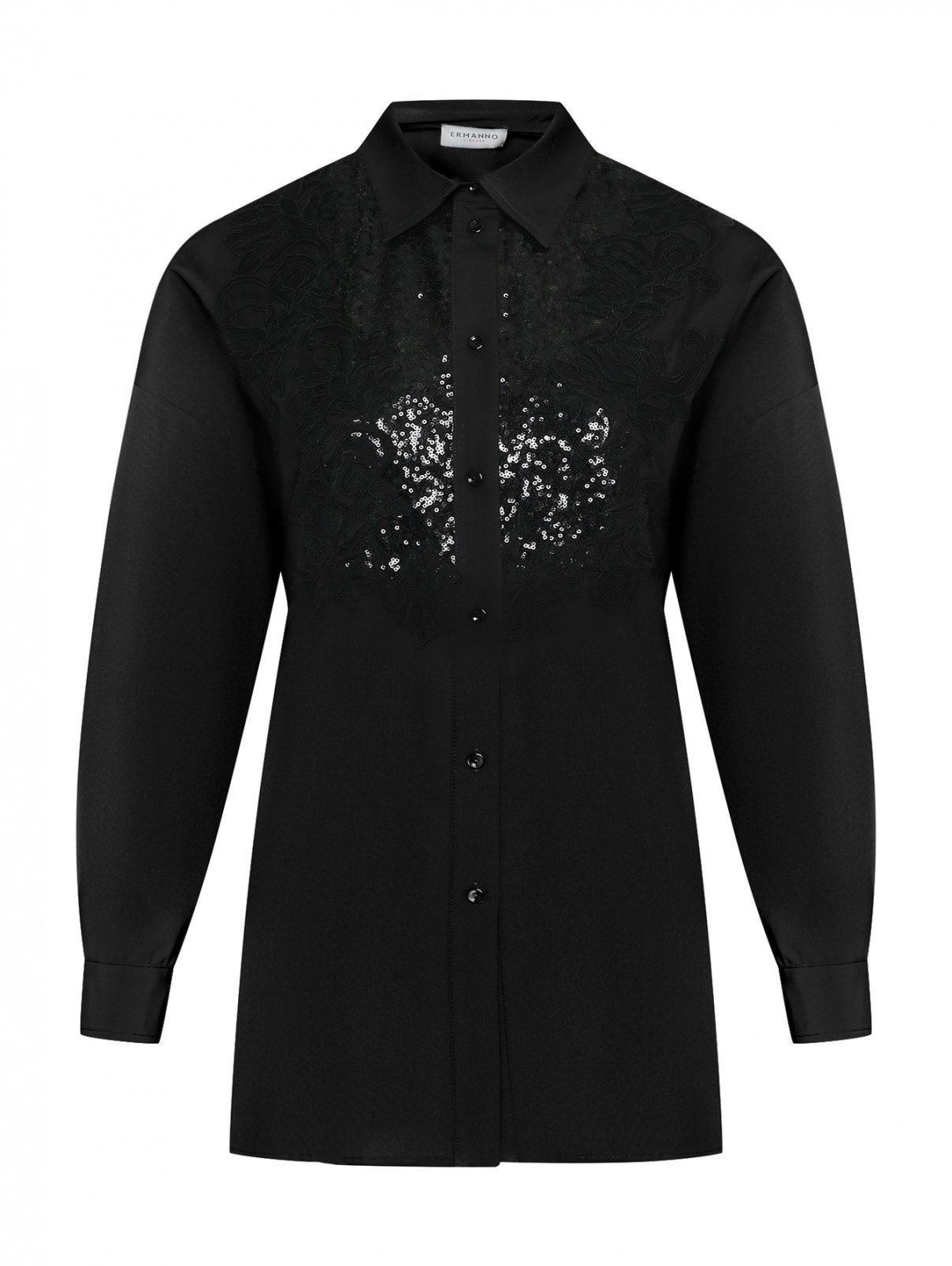 Рубашка из хлопка с декором из кружева и пайеток Ermanno Firenze  –  Общий вид  – Цвет:  Черный