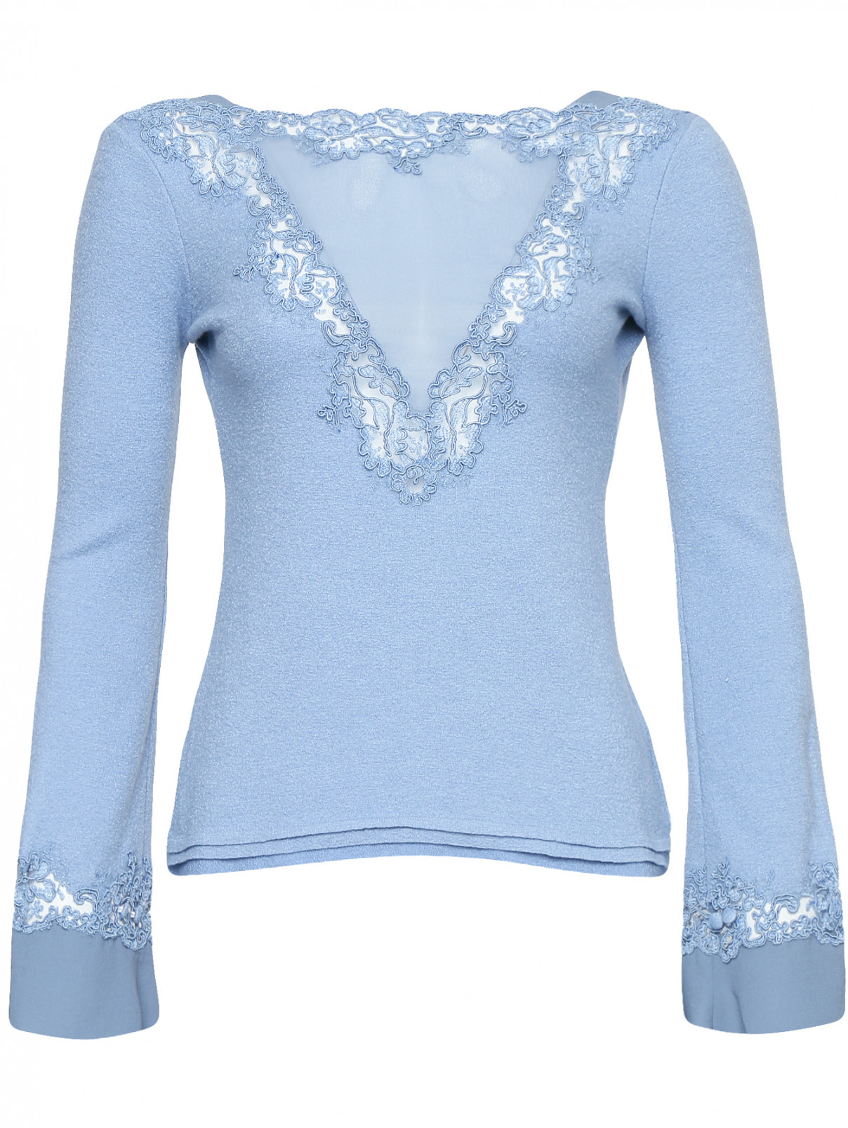 Блуза из шерсти и шелка с кружевной отделкой Ermanno Scervino  –  Общий вид  – Цвет:  Синий
