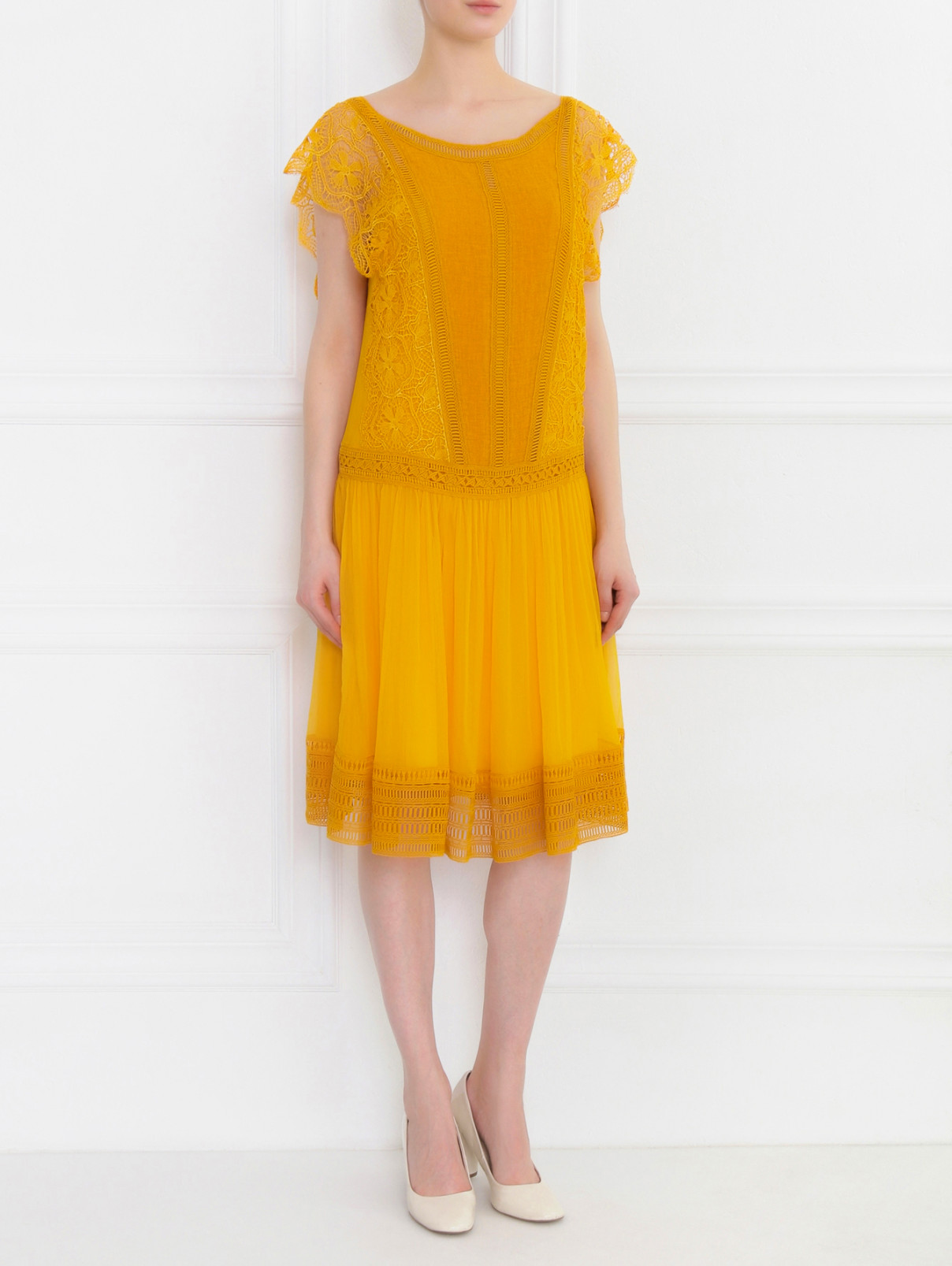 Платье-мини из льна с отделкой из кружева Alberta Ferretti  –  Модель Общий вид  – Цвет:  Оранжевый