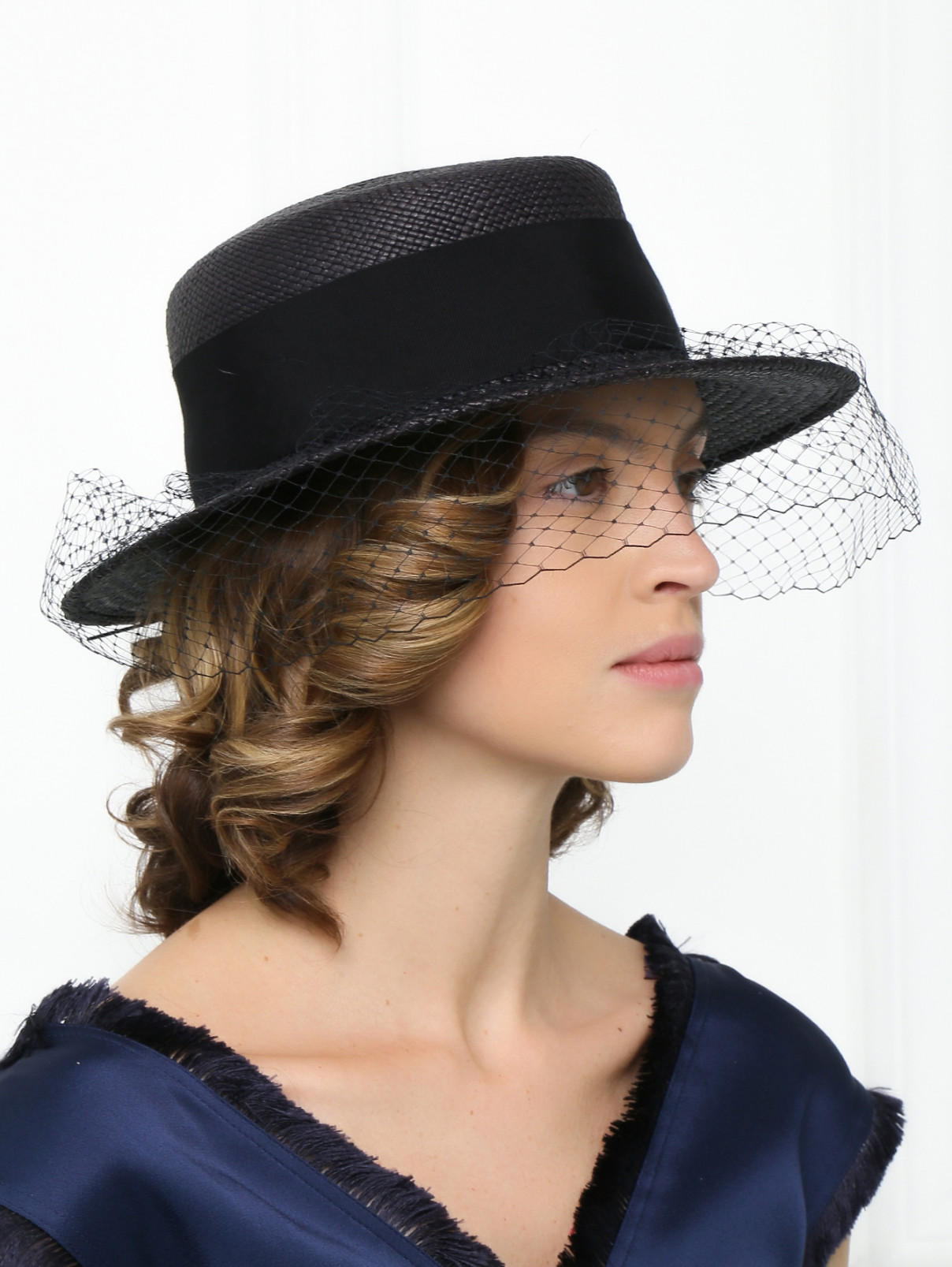 Шляпа из соломы с декоративной сеткой Federica Moretti  –  Модель Общий вид  – Цвет:  Черный