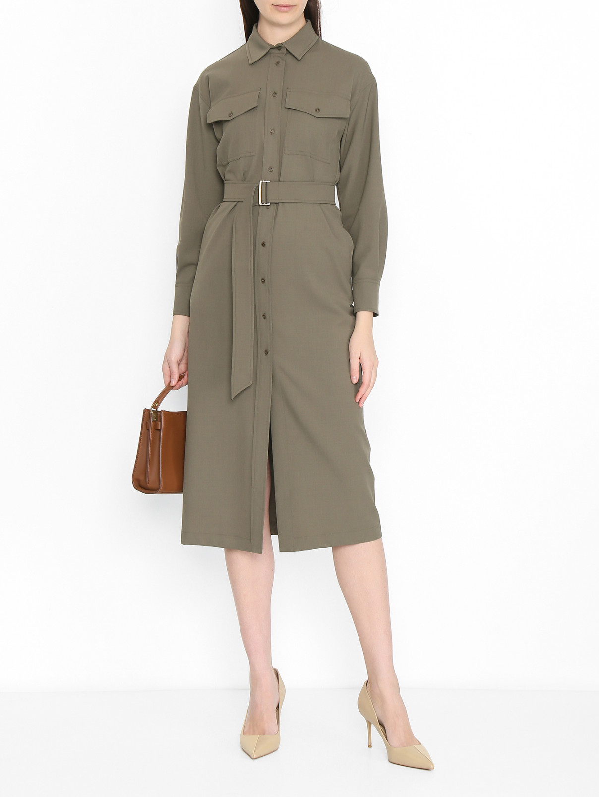 Платье на пуговицах с поясом Weekend Max Mara  –  МодельОбщийВид  – Цвет:  Зеленый