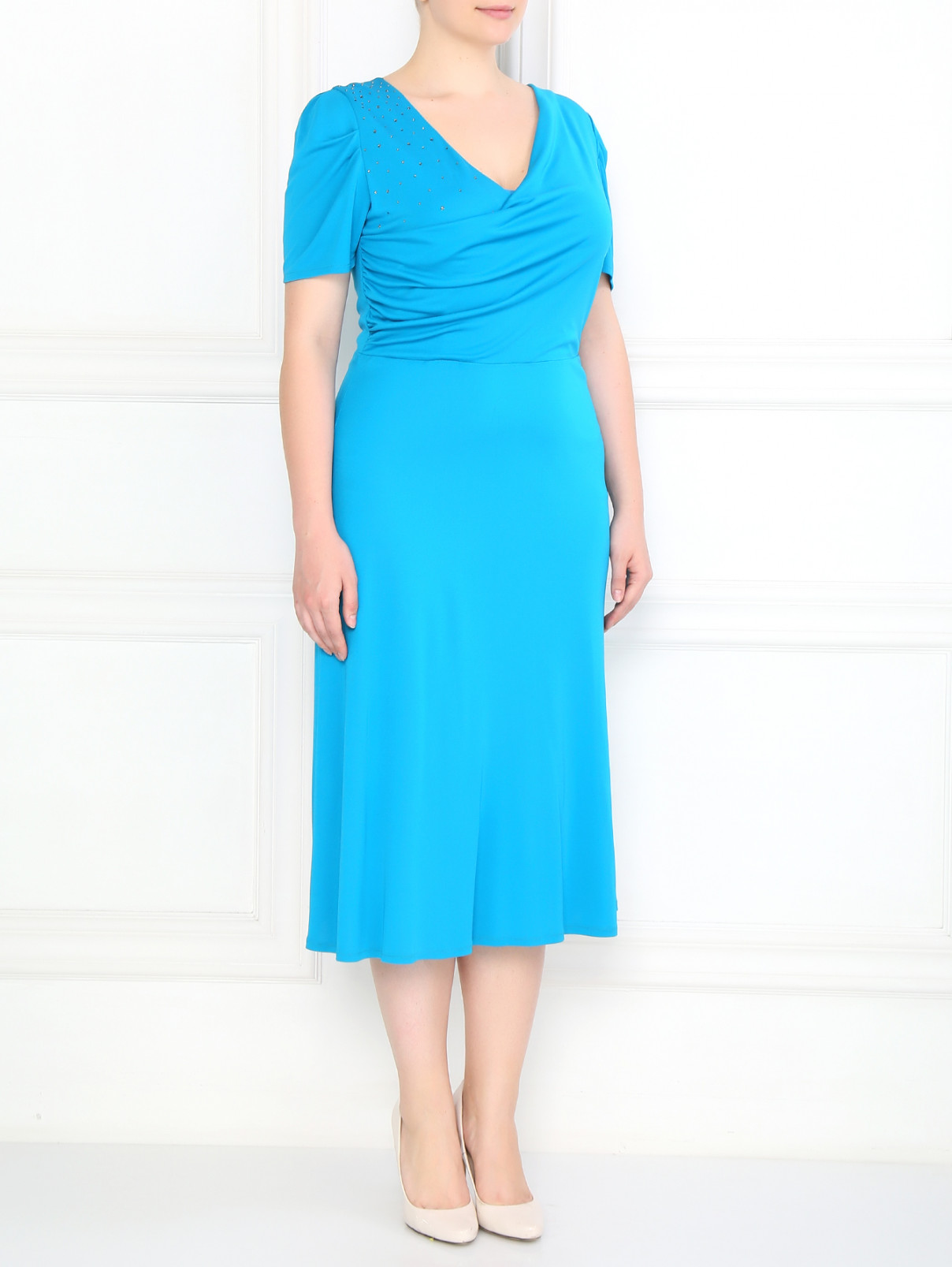 Платье с драпировкой декорированное стразами Marina Rinaldi  –  Модель Общий вид  – Цвет:  Синий
