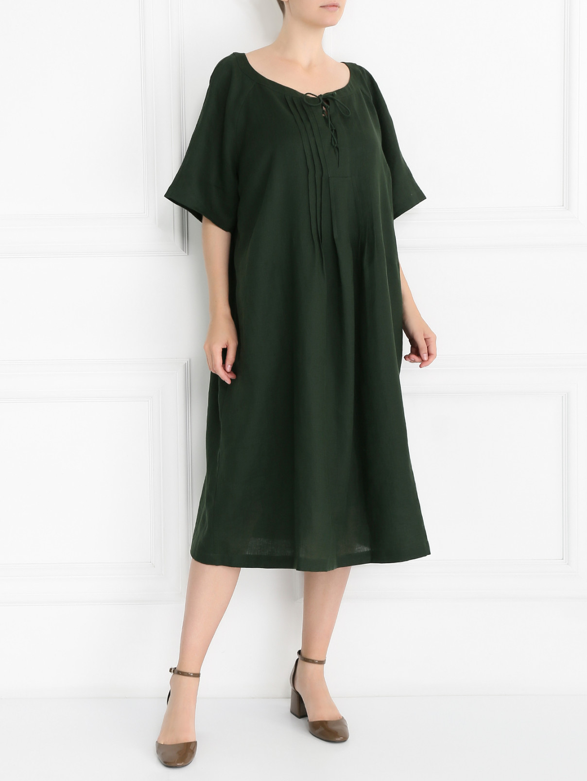 Льняное платье с декоративной отделкой Marina Sport  –  Модель Общий вид  – Цвет:  Зеленый
