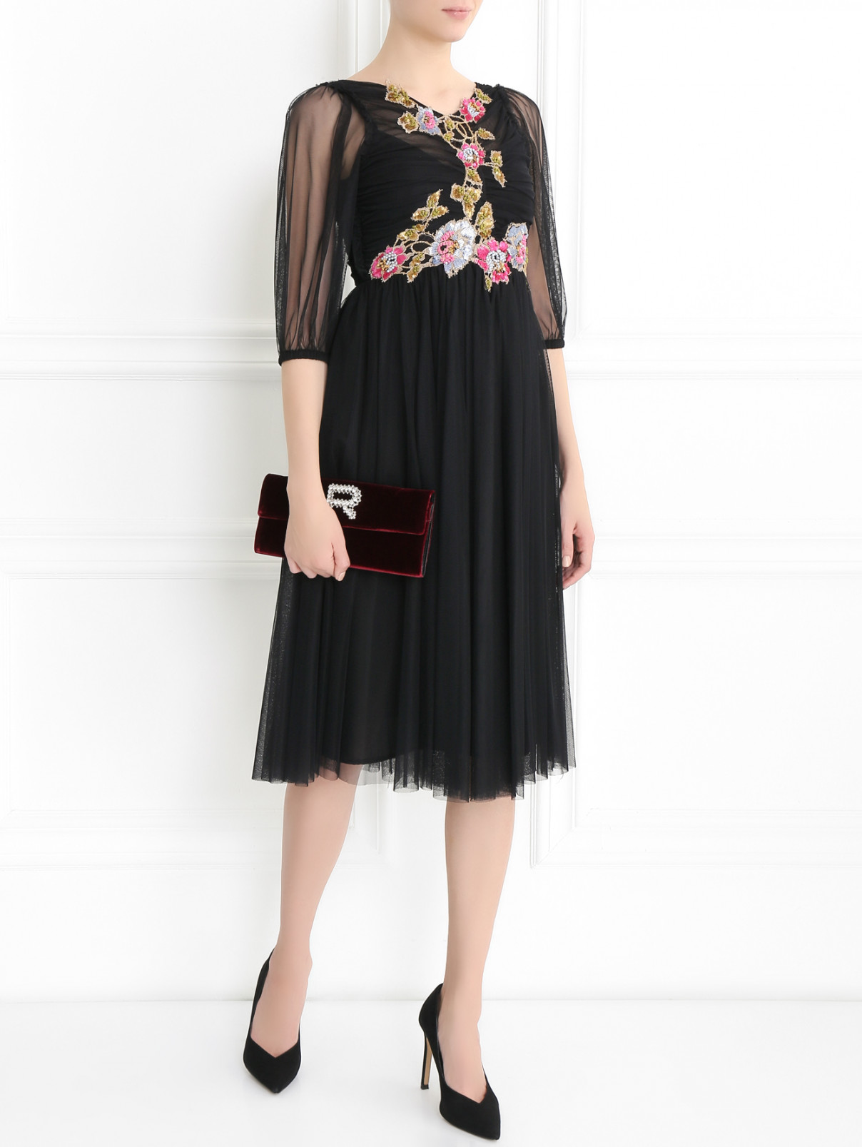 Полупрозрачное платье-миди декорированное вышивкой Antonio Marras  –  Модель Общий вид  – Цвет:  Черный