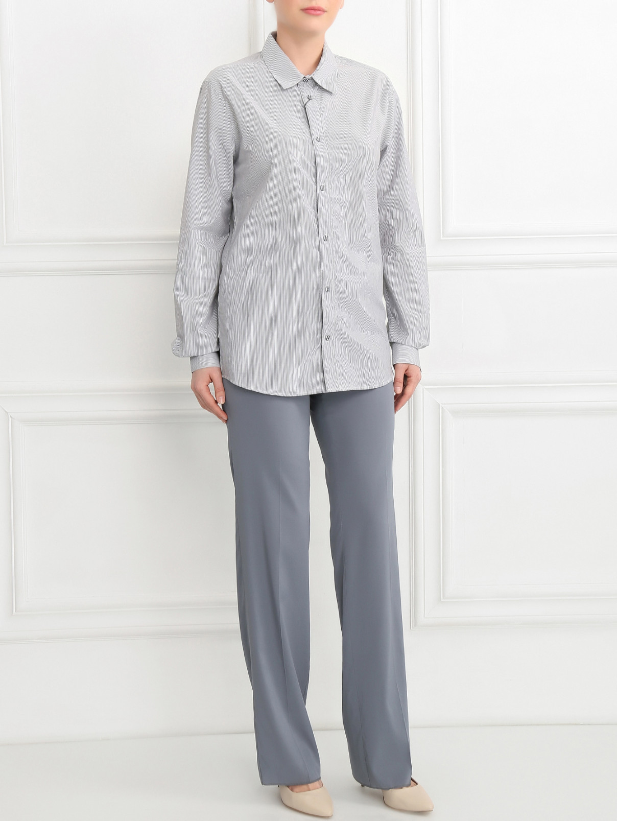 Широкие брюки изо льна и шелка Emporio Armani  –  Модель Общий вид  – Цвет:  Синий