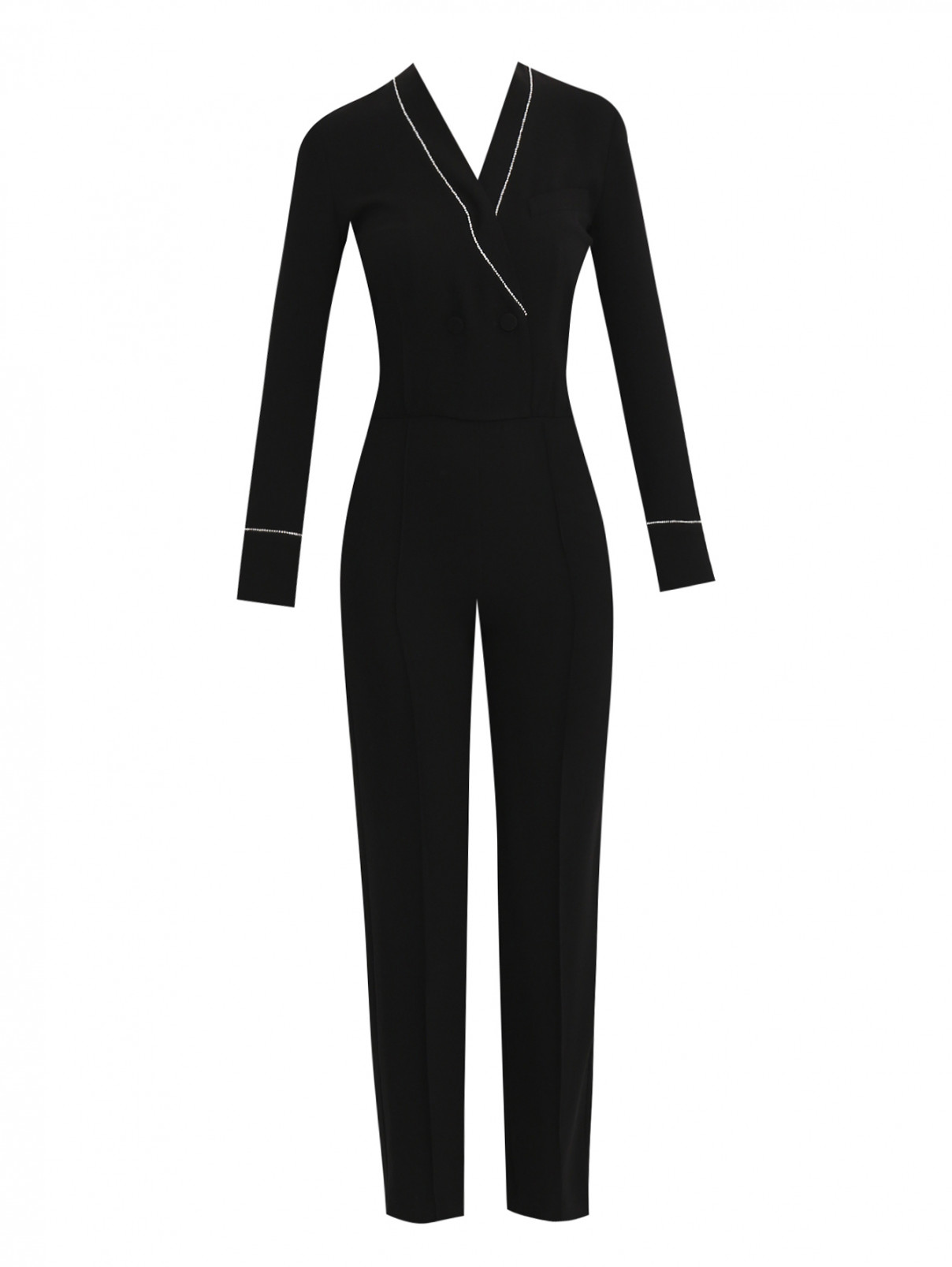 Комбинезон прямого силуэта с отделкой стразами Mo&Co  –  Общий вид  – Цвет:  Черный
