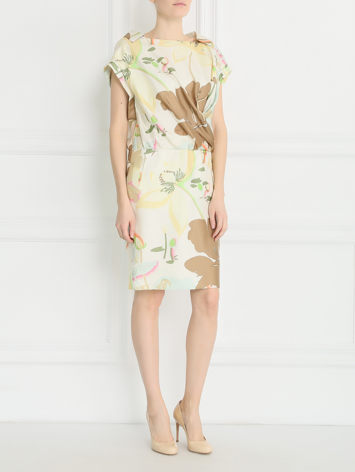 Платье из шелка  запахом и цветочным узором Maurizio Pecoraro  –  Модель Общий вид  – Цвет:  Зеленый