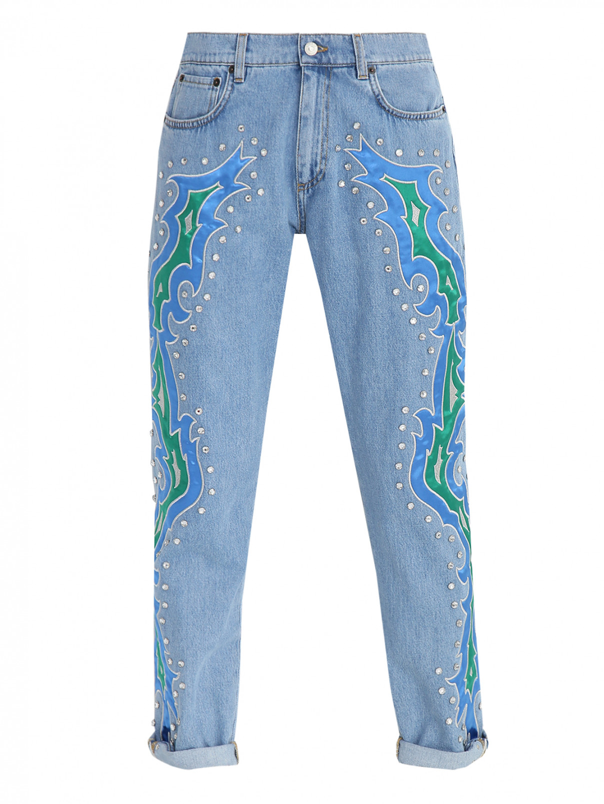 Джинсы из хлопка с вышивкой и аппликацией из страз Moschino Couture  –  Общий вид  – Цвет:  Синий
