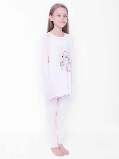 Пижама из модала со стразами и кружевом - МодельОбщийВид1