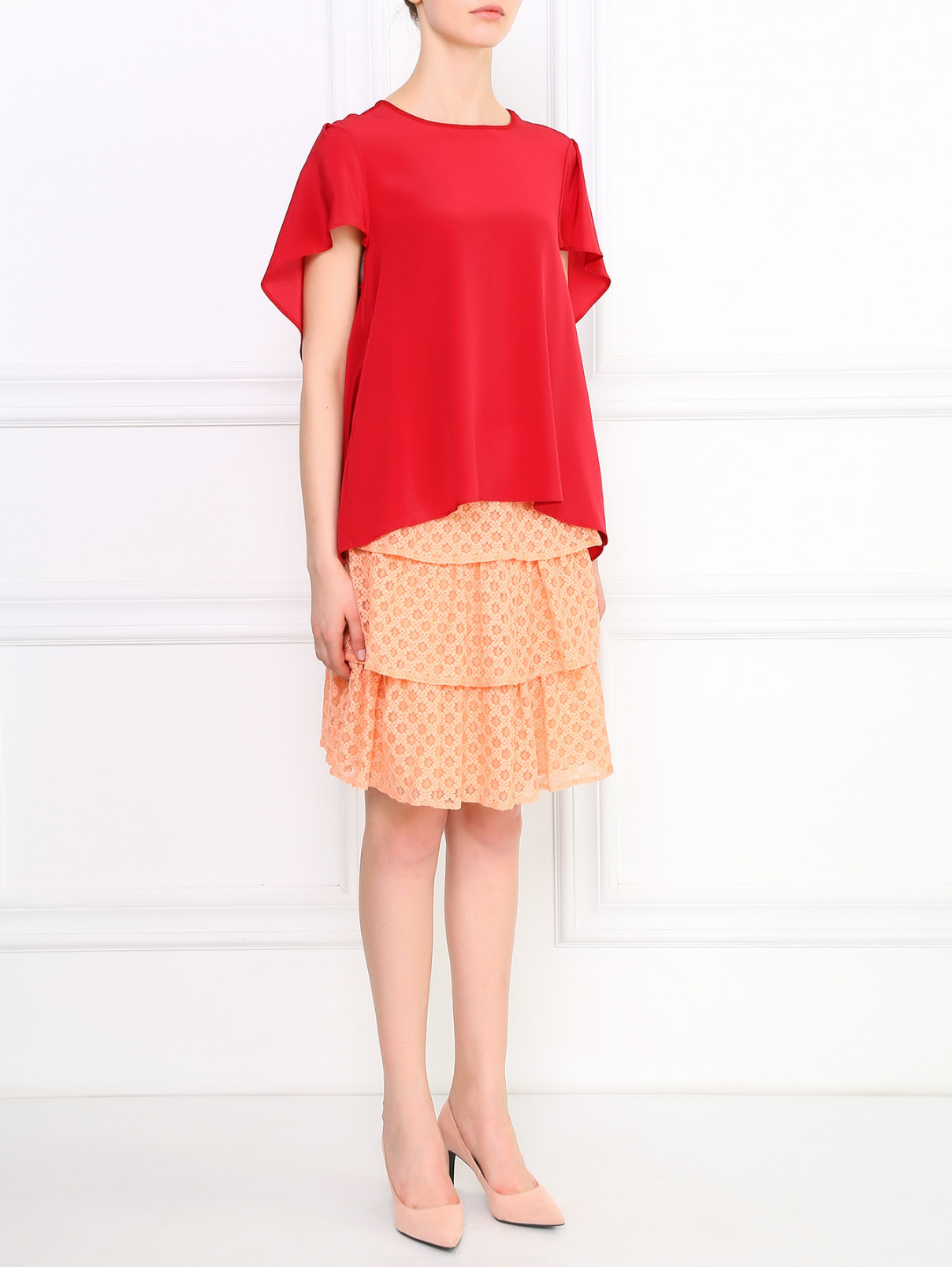 Кружевная юбка-мини из смешанного хлопка Love Moschino  –  Модель Общий вид  – Цвет:  Оранжевый