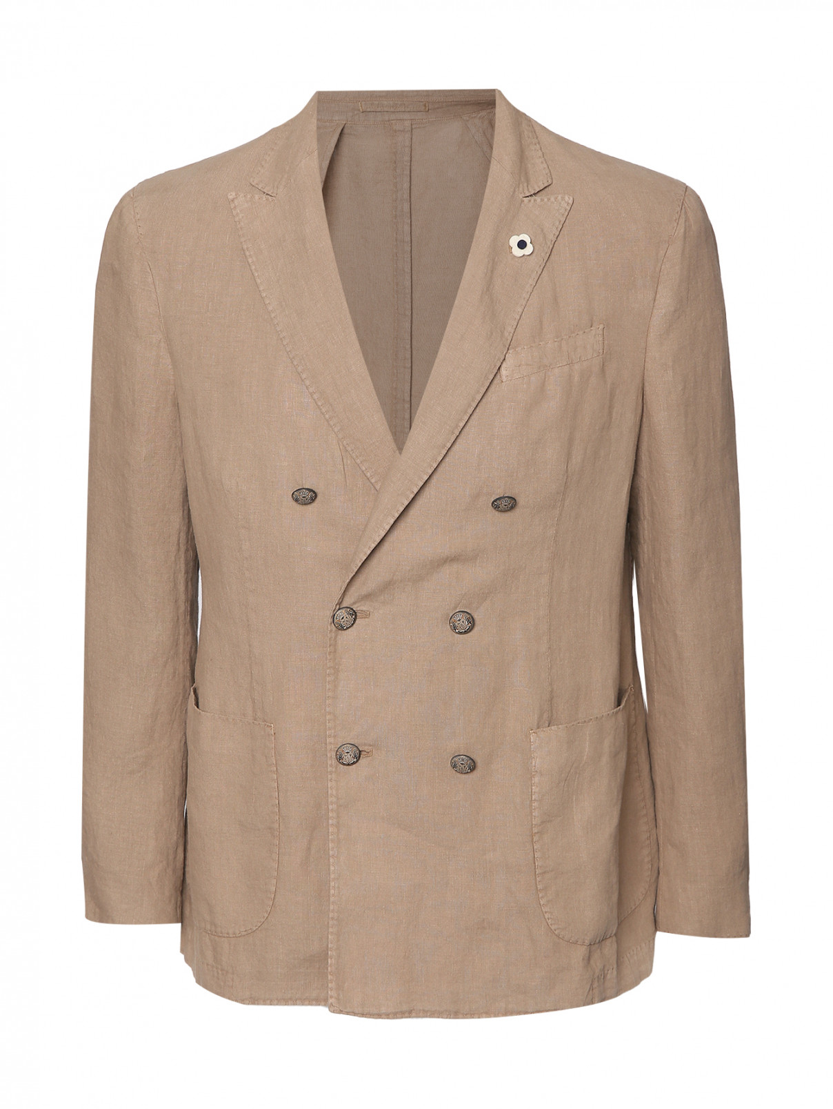 Двубортный пиджак из льна с карманами LARDINI  –  Общий вид  – Цвет:  Бежевый