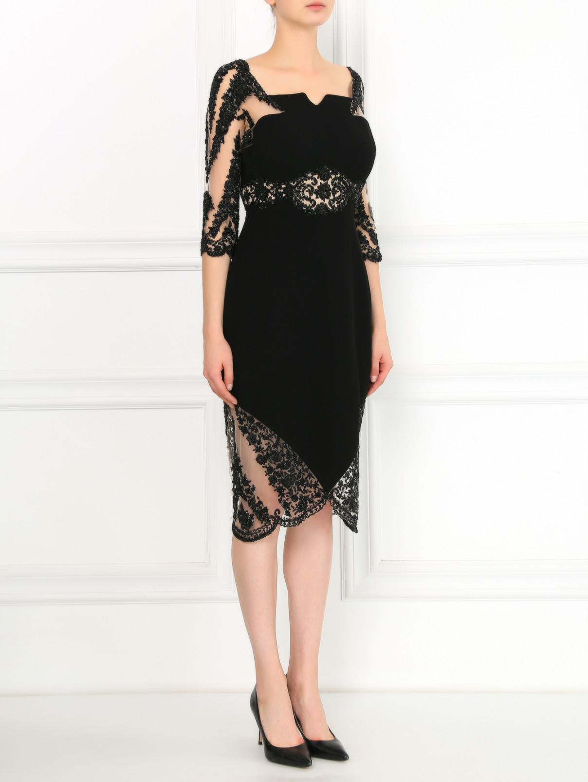 Платье-миди с сетчатыми вставками, расшитое бисером Pavoni  –  Модель Общий вид  – Цвет:  Черный