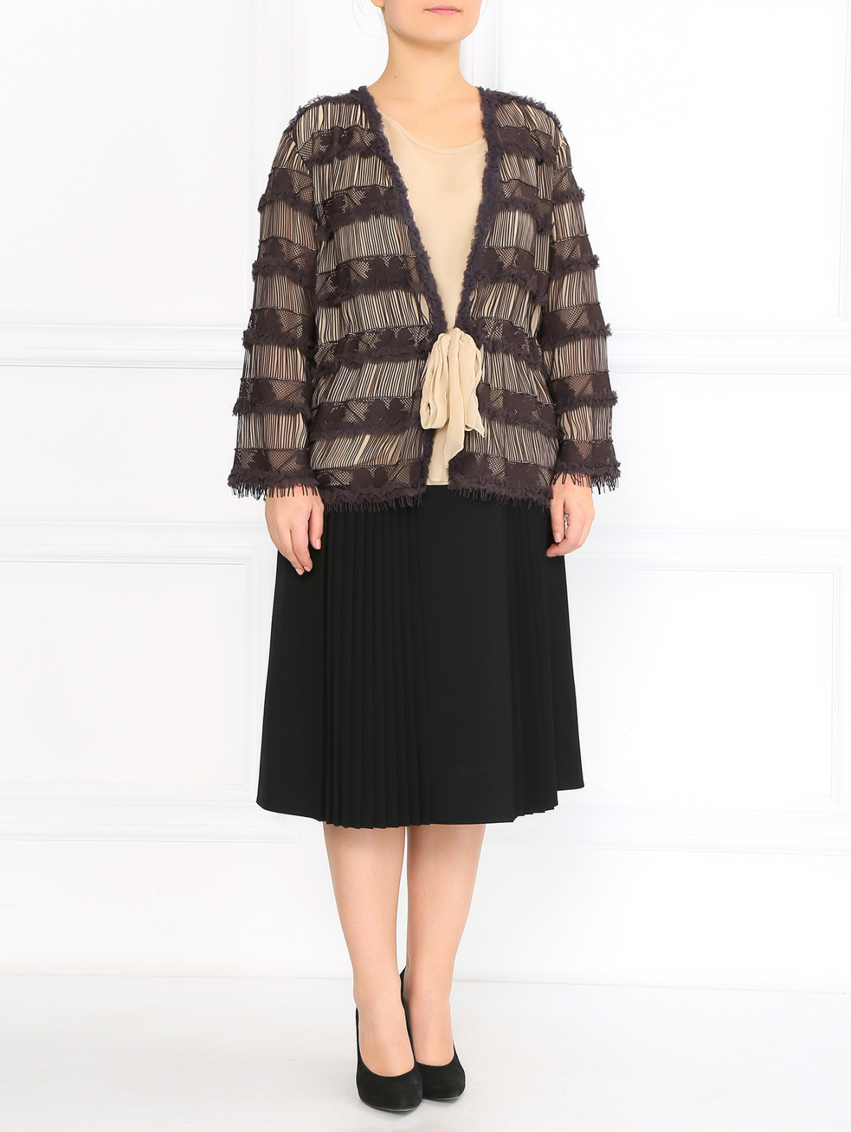 Блуза с короткими рукавами и жакетом с вышивкой в комплекте Marina Rinaldi  –  Модель Общий вид  – Цвет:  Коричневый