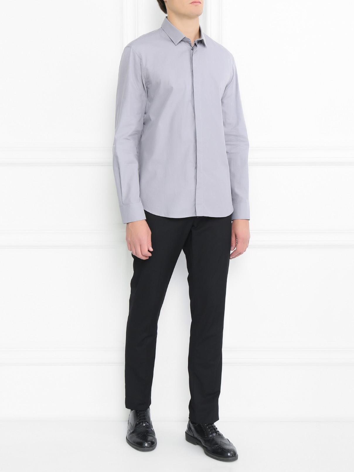 Рубашка из хлопка прямого кроя Emporio Armani  –  Модель Общий вид  – Цвет:  Серый